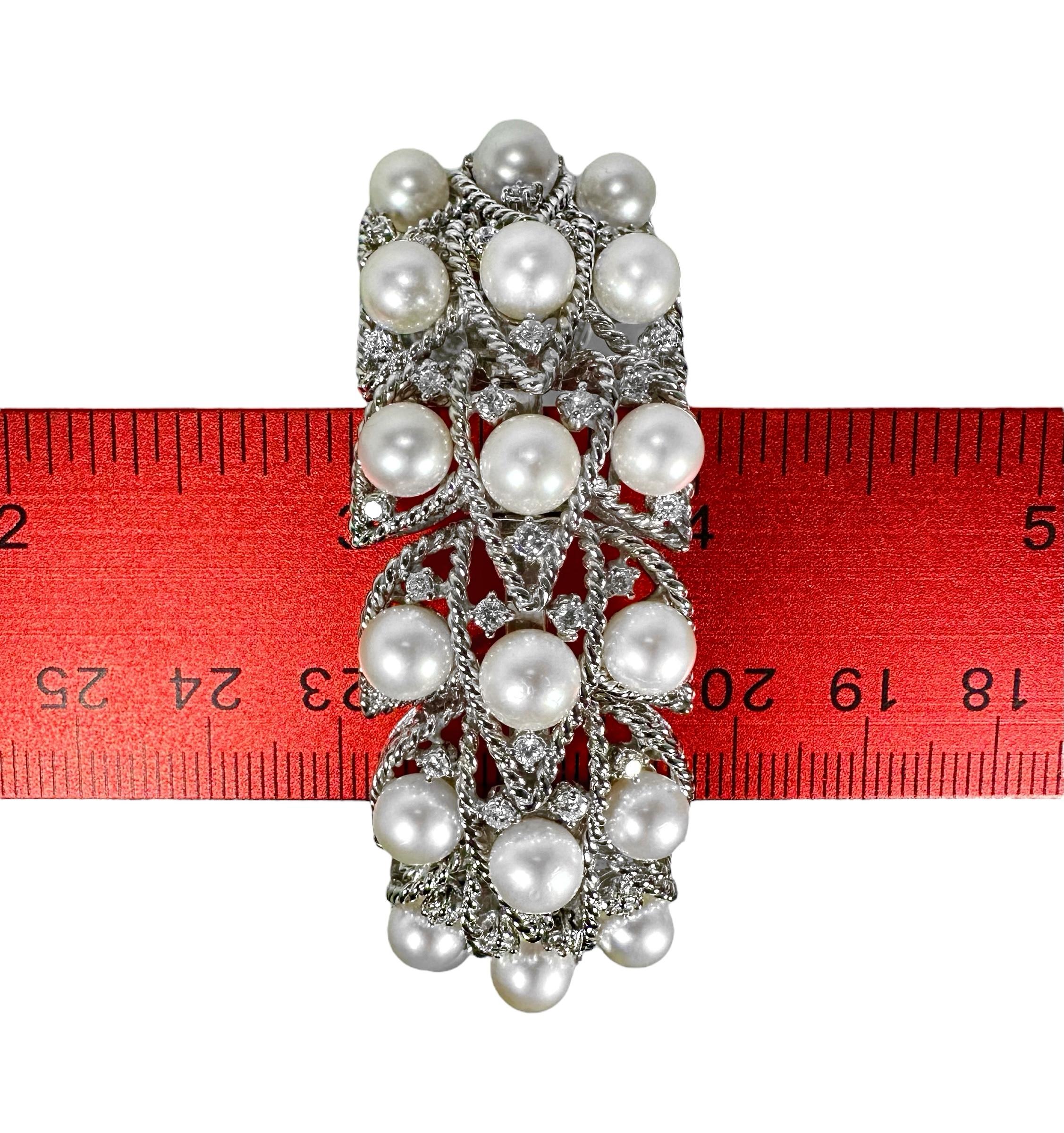 Elegant Seaman Schepps White Gold Pearl and Diamond Flexible Cuff Bracelet For Sale 2