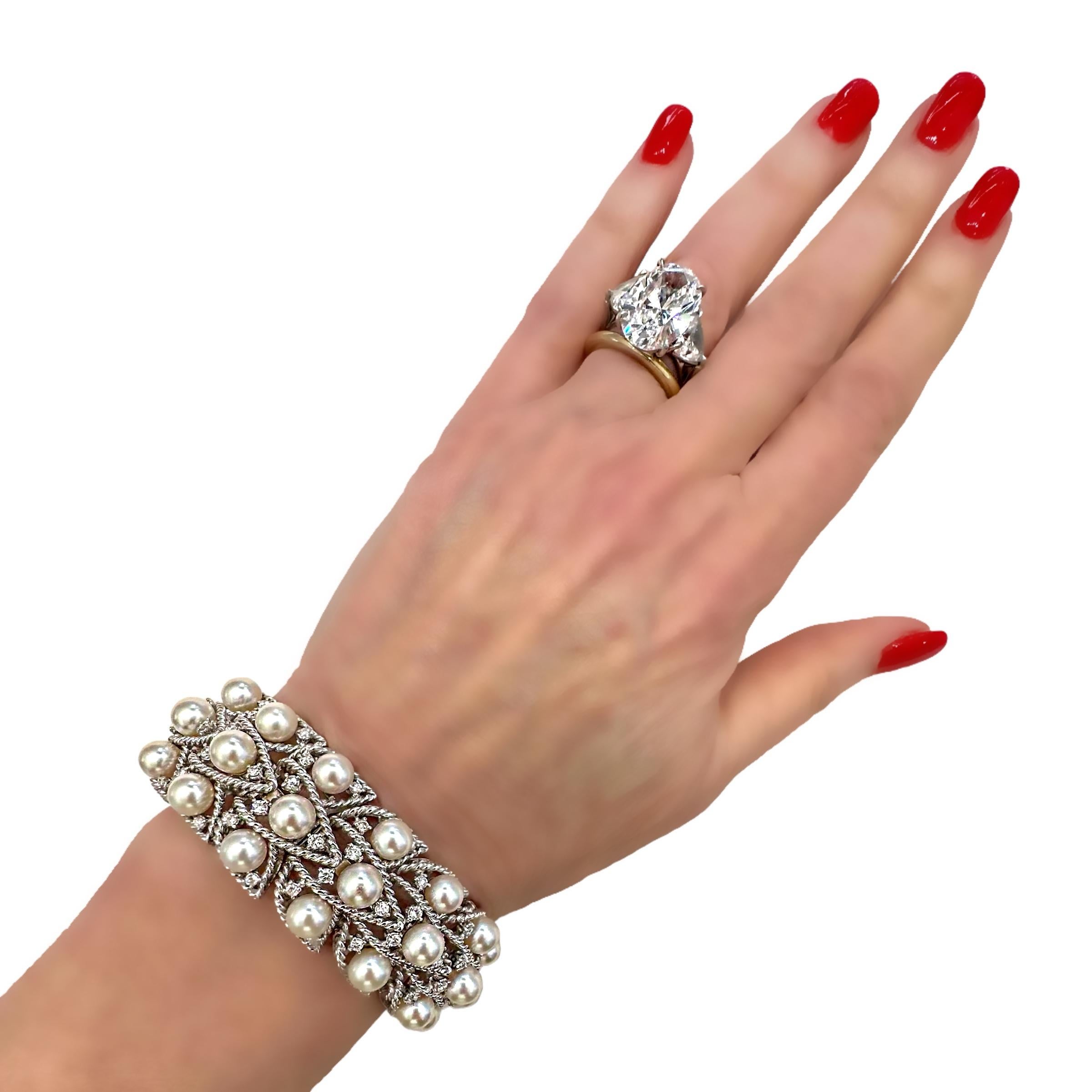 Elegant Seaman Schepps White Gold Pearl and Diamond Flexible Cuff Bracelet For Sale 3