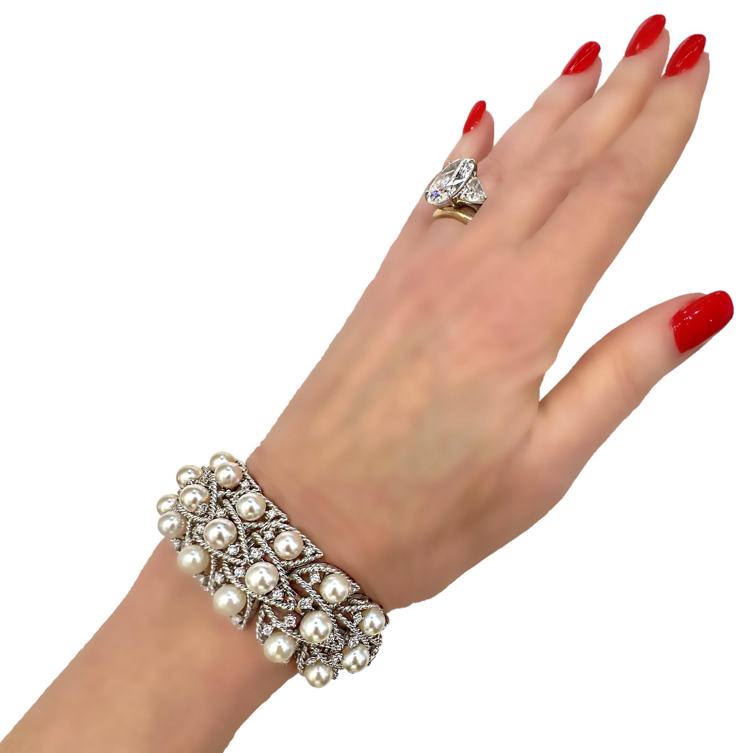 Elegant Seaman Schepps White Gold Pearl and Diamond Flexible Cuff Bracelet For Sale 4