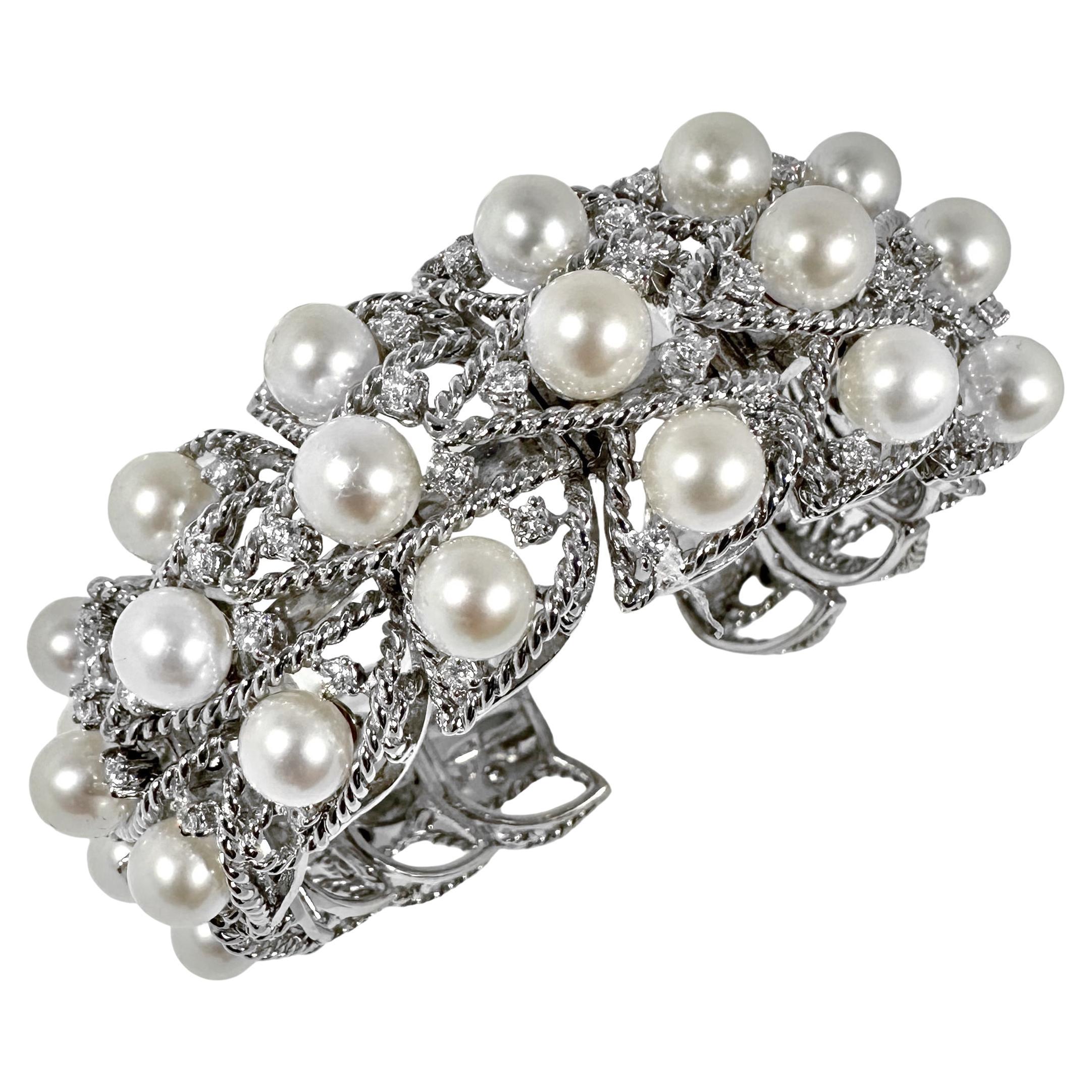 Elegant Seaman Schepps White Gold Pearl and Diamond Flexible Cuff Bracelet For Sale