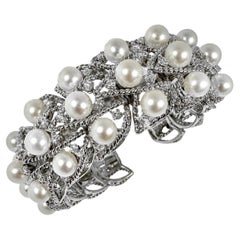 Elegant Seaman Schepps White Gold Pearl and Diamond Flexible Cuff Bracelet