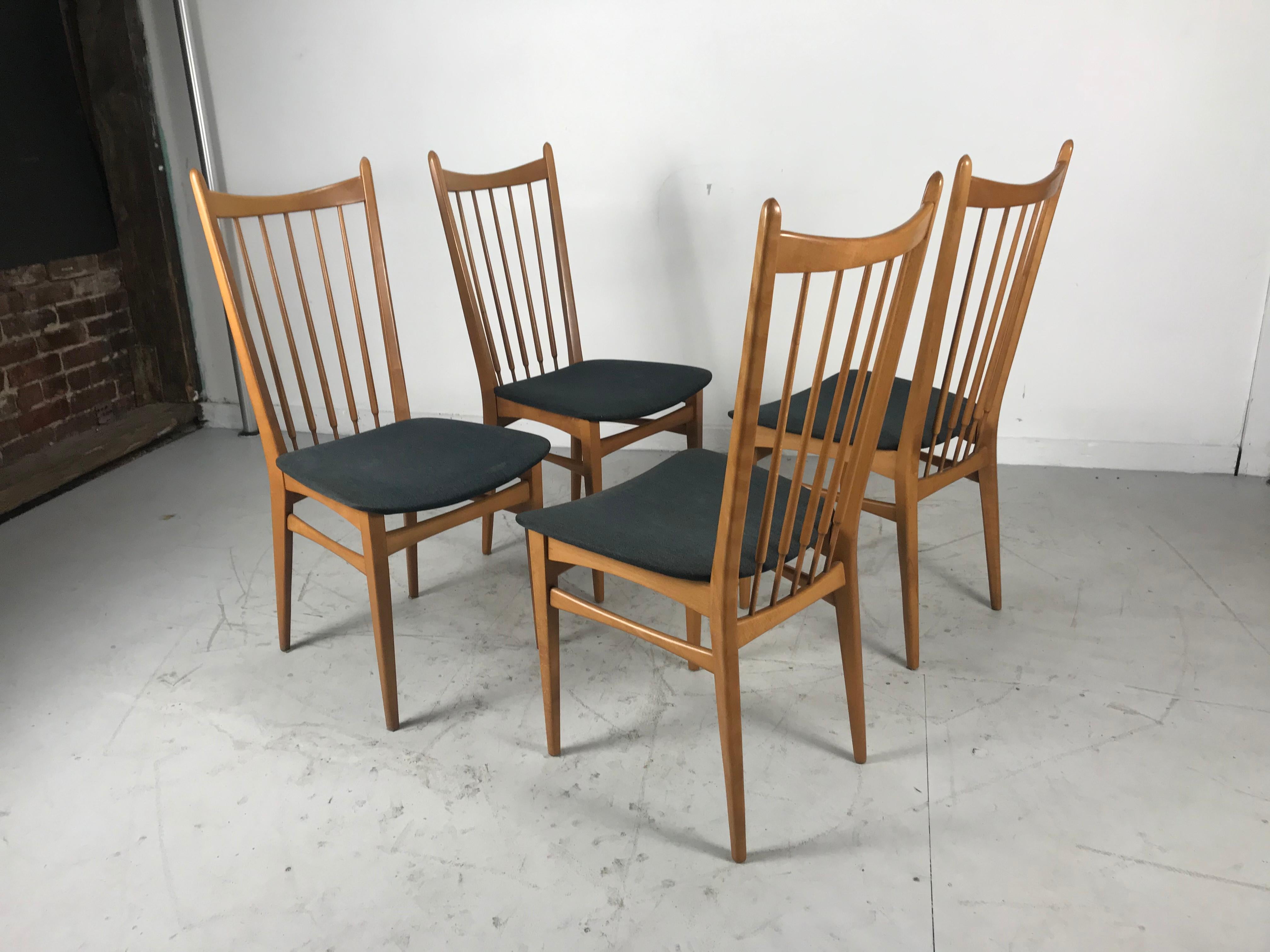 Elegant Set 4 Scandinavian Modernist Dining Chairs, Beechwood, Denmark, Sweden 3