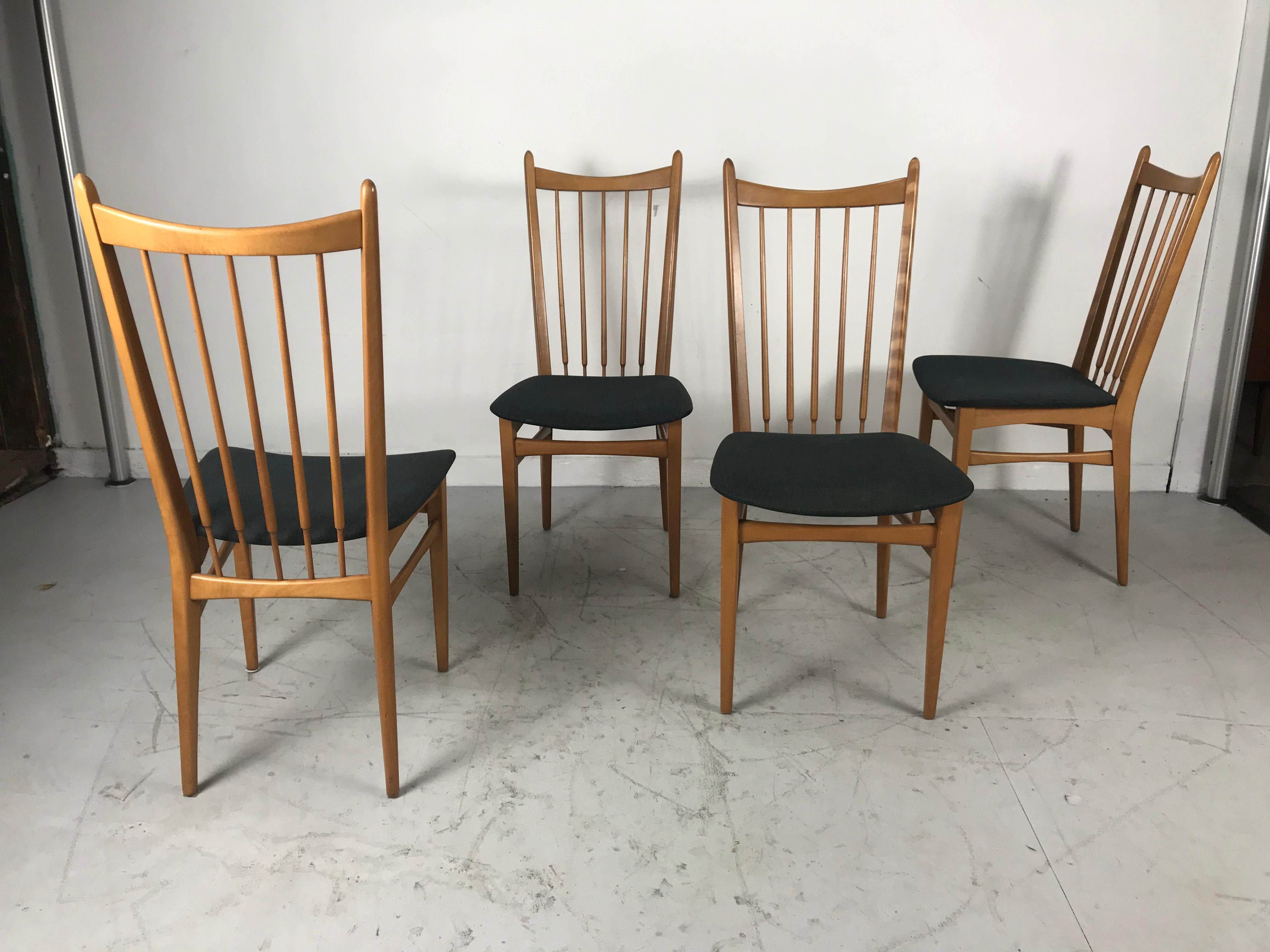 Elegant Set 4 Scandinavian Modernist Dining Chairs, Beechwood, Denmark, Sweden 1