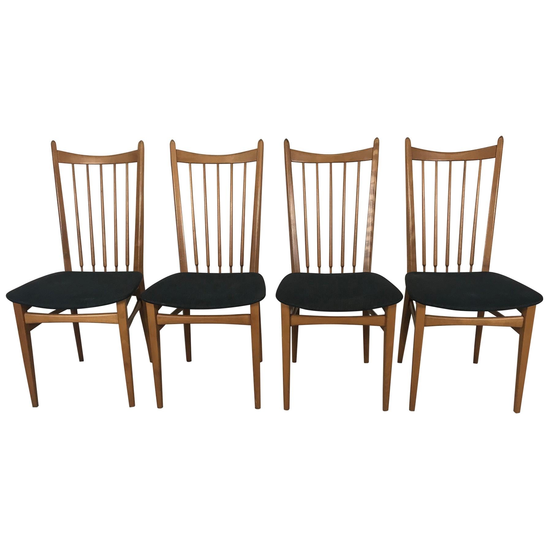 Elegant Set 4 Scandinavian Modernist Dining Chairs, Beechwood, Denmark, Sweden