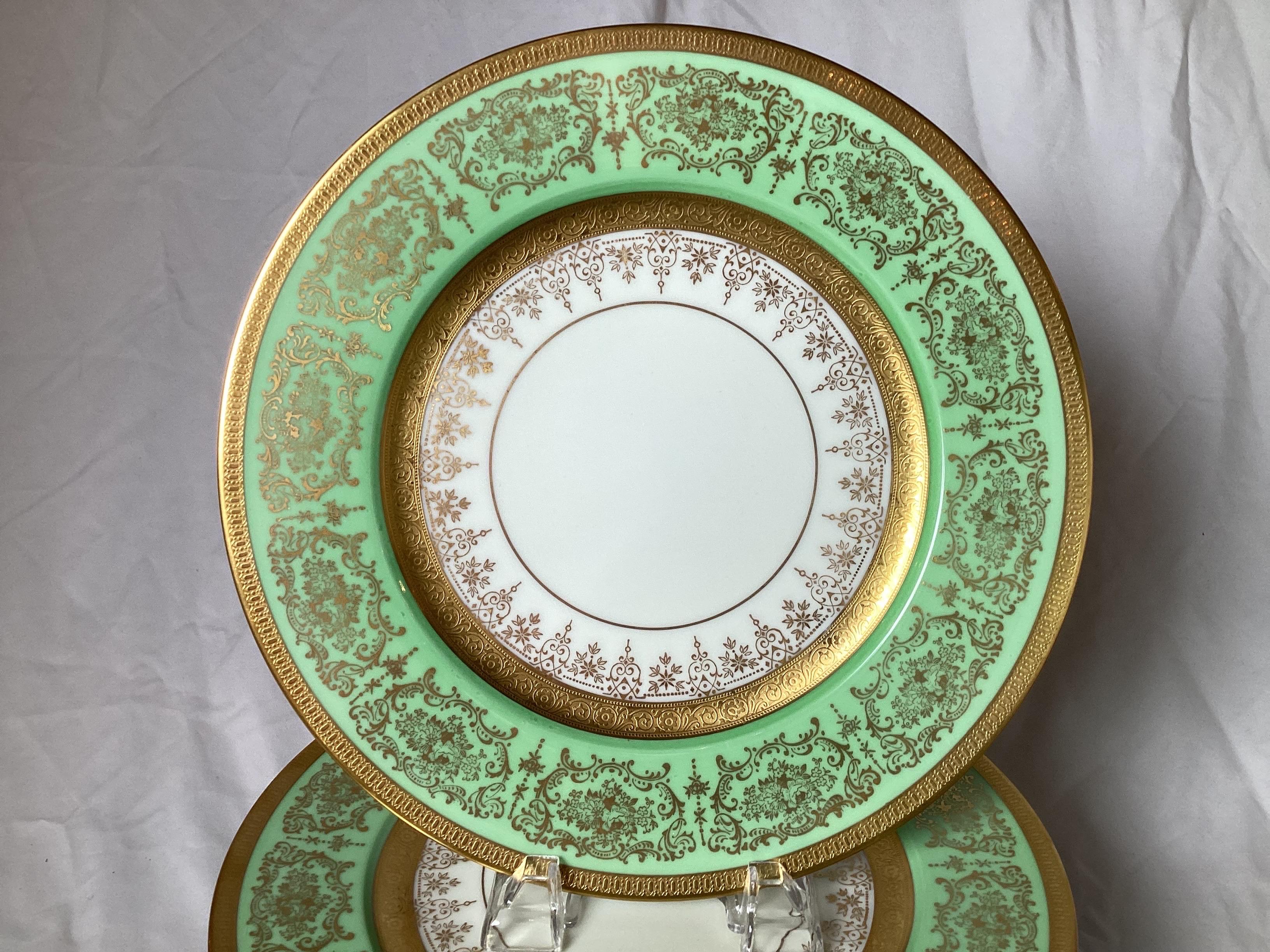 American Elegant Set of 11 Apple Green and Gilt Service Plates