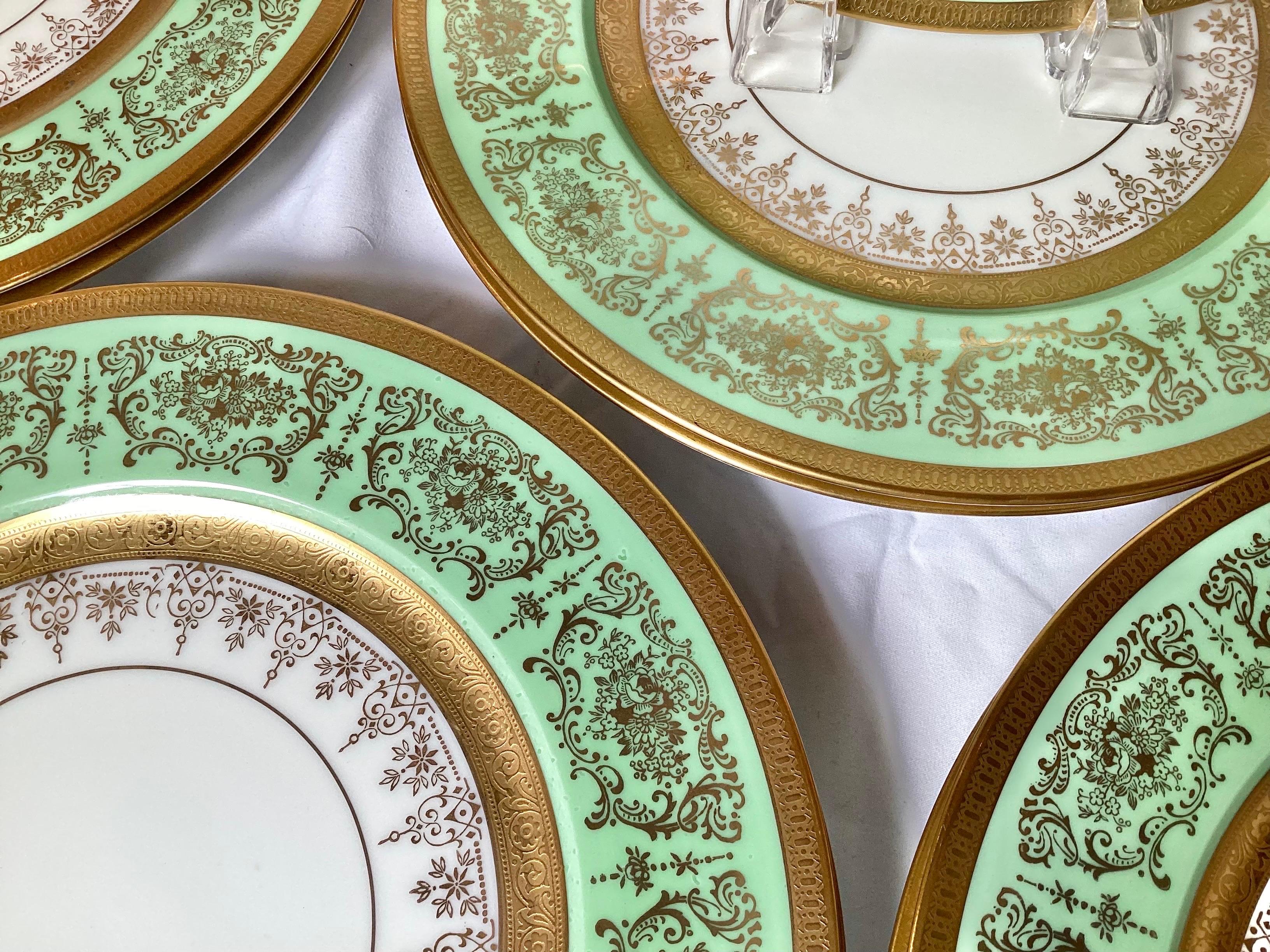 Porcelain Elegant Set of 11 Apple Green and Gilt Service Plates