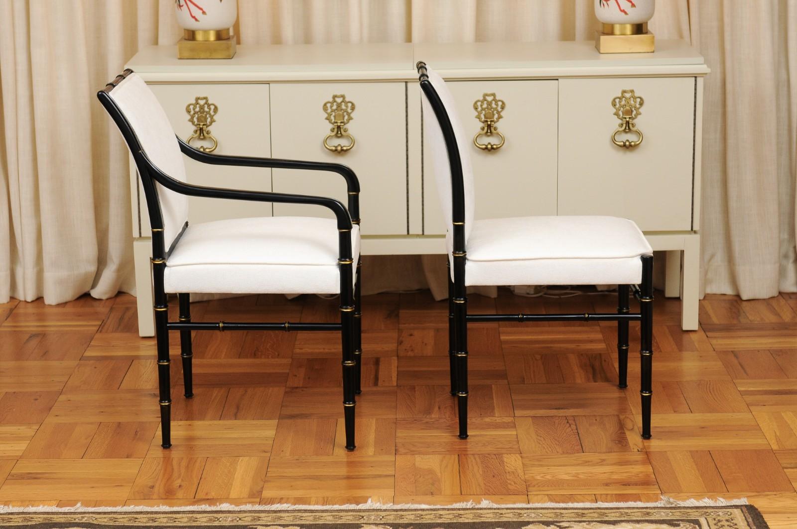 Elegant Set of 12 Parzinger Style Faux Bamboo Dining Chairs in Black Lacquer For Sale 4