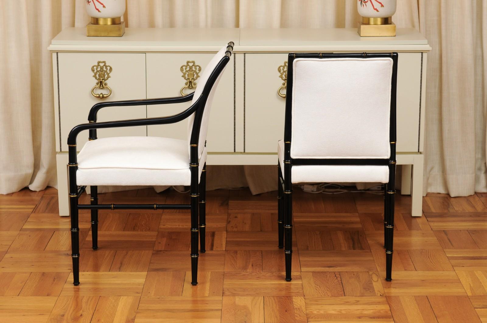 Elegant Set of 12 Parzinger Style Faux Bamboo Dining Chairs in Black Lacquer For Sale 7