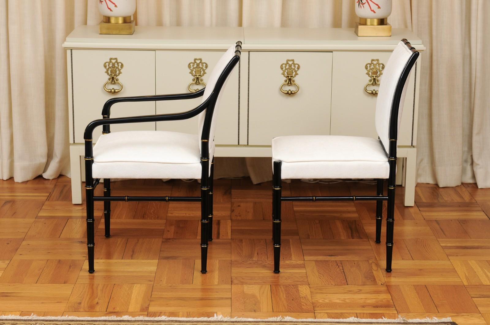 Elegant Set of 12 Parzinger Style Faux Bamboo Dining Chairs in Black Lacquer For Sale 9