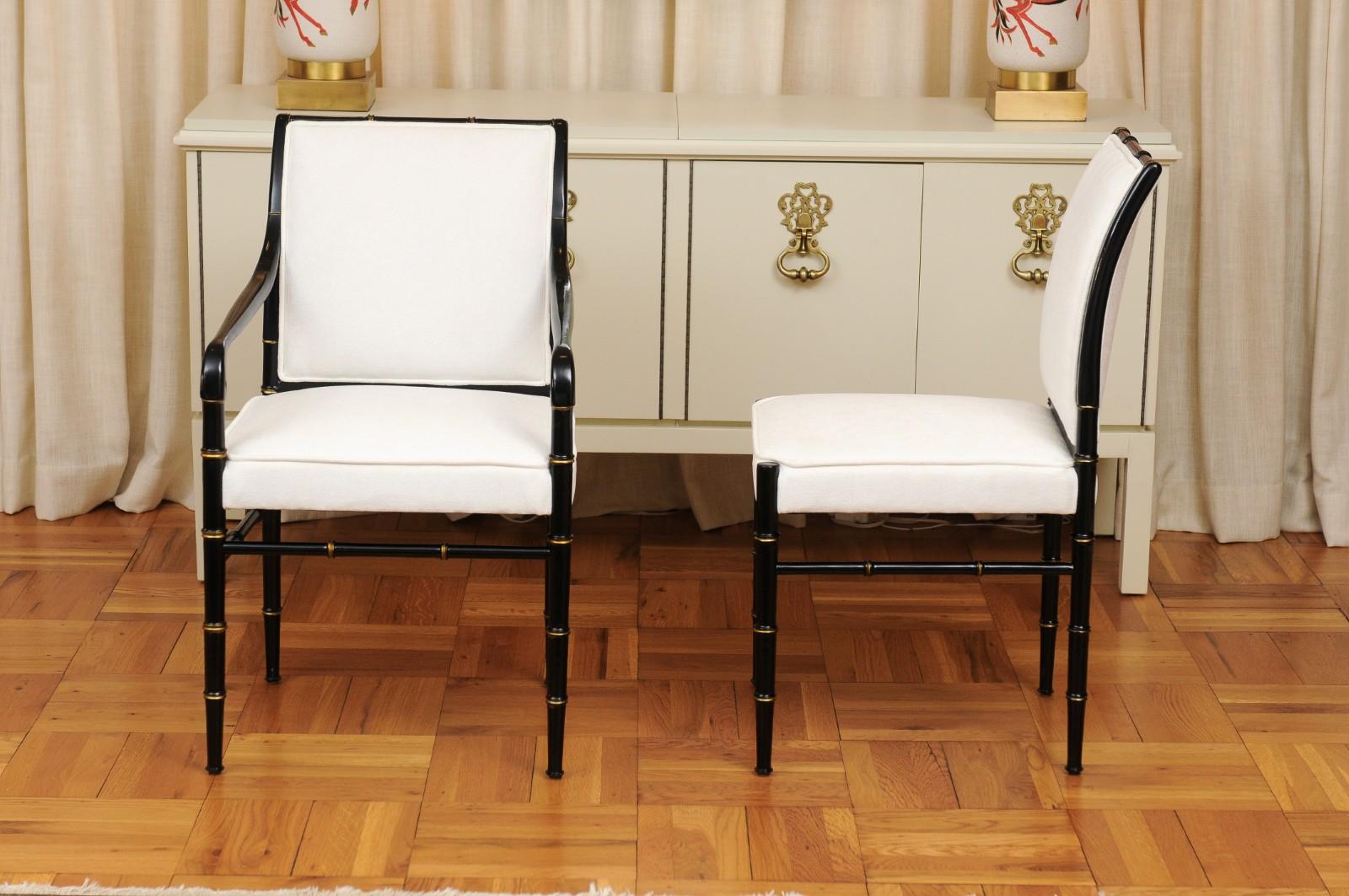 Elegant Set of 12 Parzinger Style Faux Bamboo Dining Chairs in Black Lacquer For Sale 10