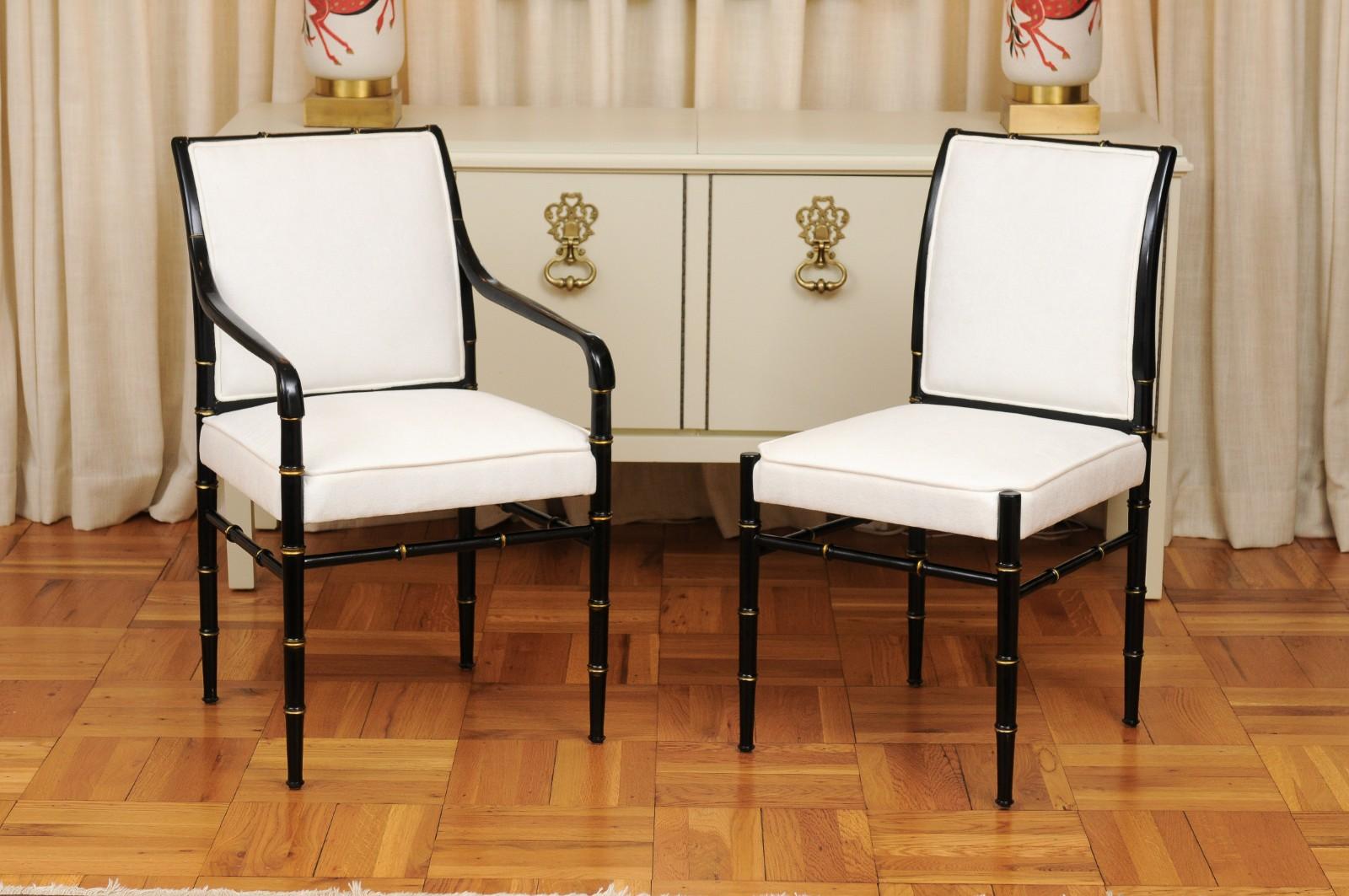 Elegant Set of 12 Parzinger Style Faux Bamboo Dining Chairs in Black Lacquer For Sale 11