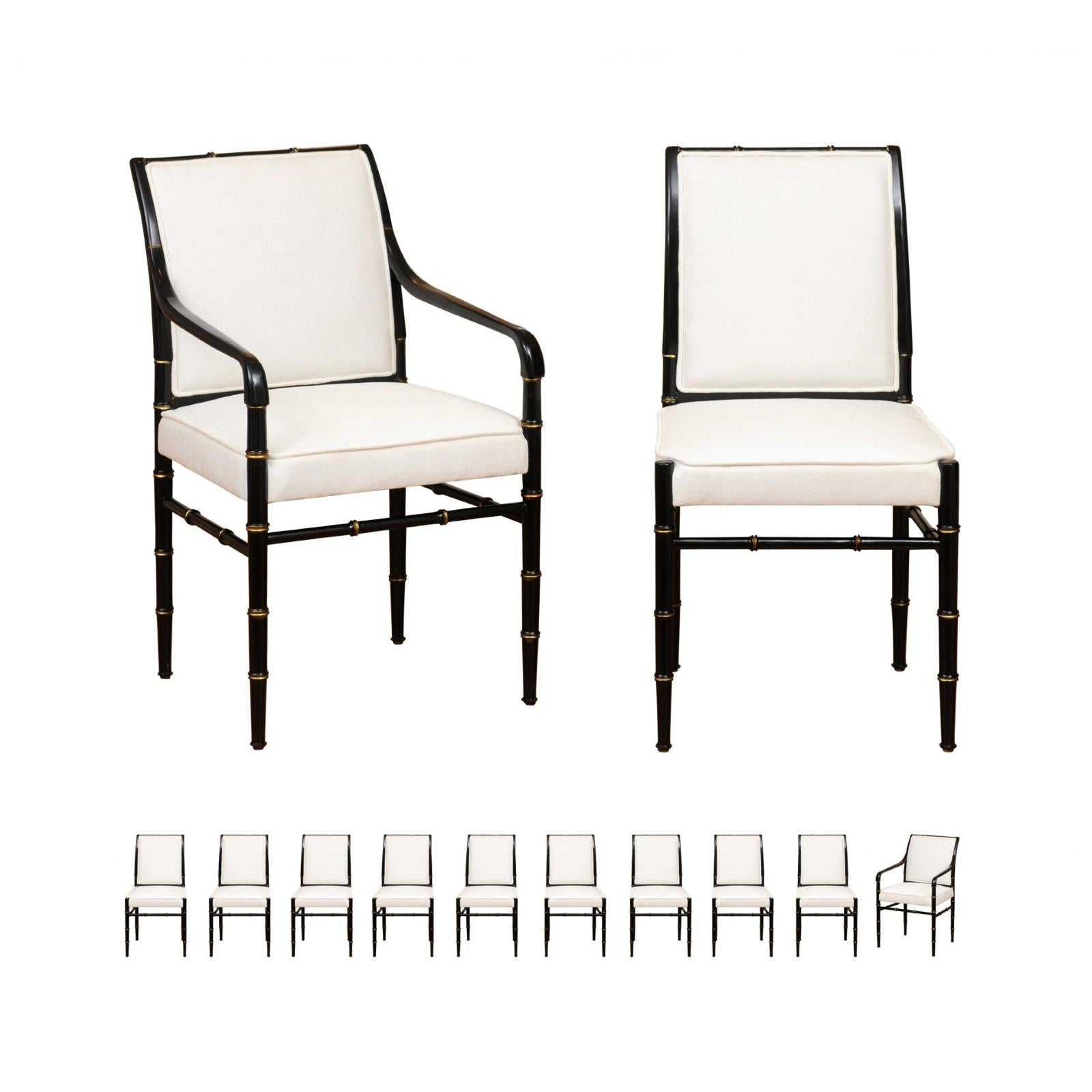 A sophisticated set of twelve (12) meticulously restored dining chairs, circa 1970. Beautiful, stout, expertly crafted mahogany construction with a high-back seat with exquisite faux-bamboo detail. The set projects a distinct Tommi Parzinger vide.