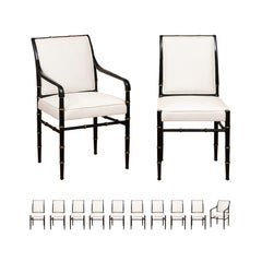 Elegant Set of 12 Parzinger Style Faux Bamboo Dining Chairs in Black Lacquer