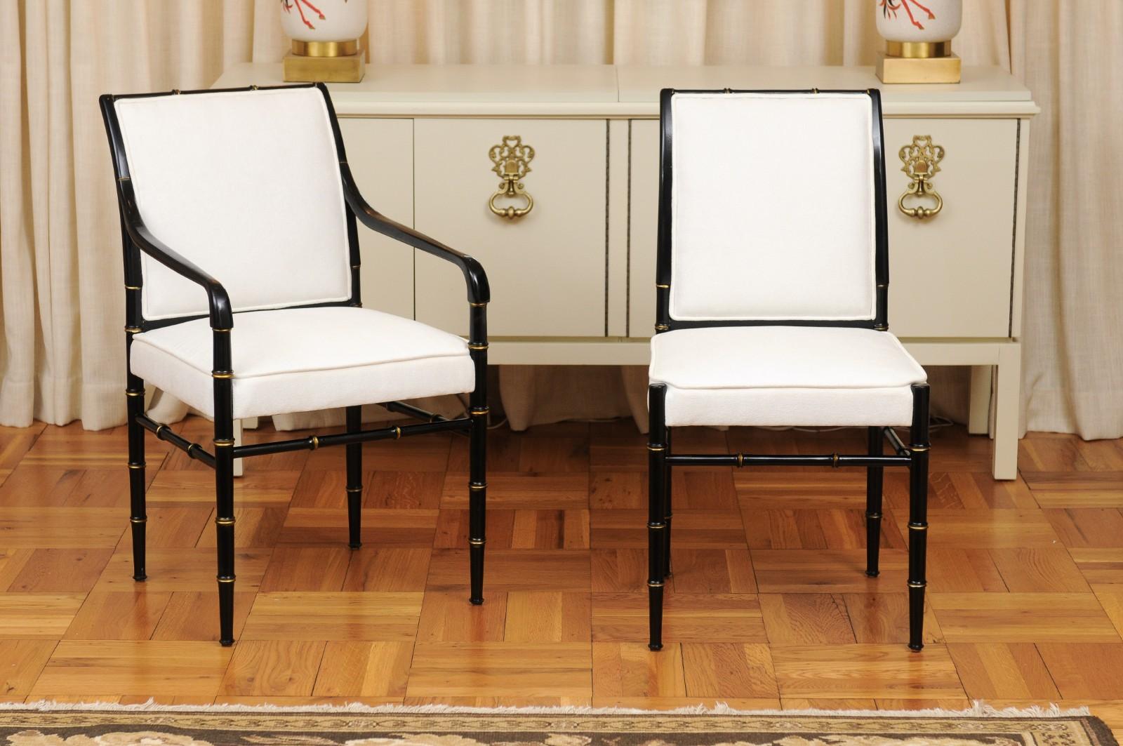 Modern Elegant Set of 12 Parzinger Style Faux Bamboo Dining Chairs in Black Lacquer For Sale