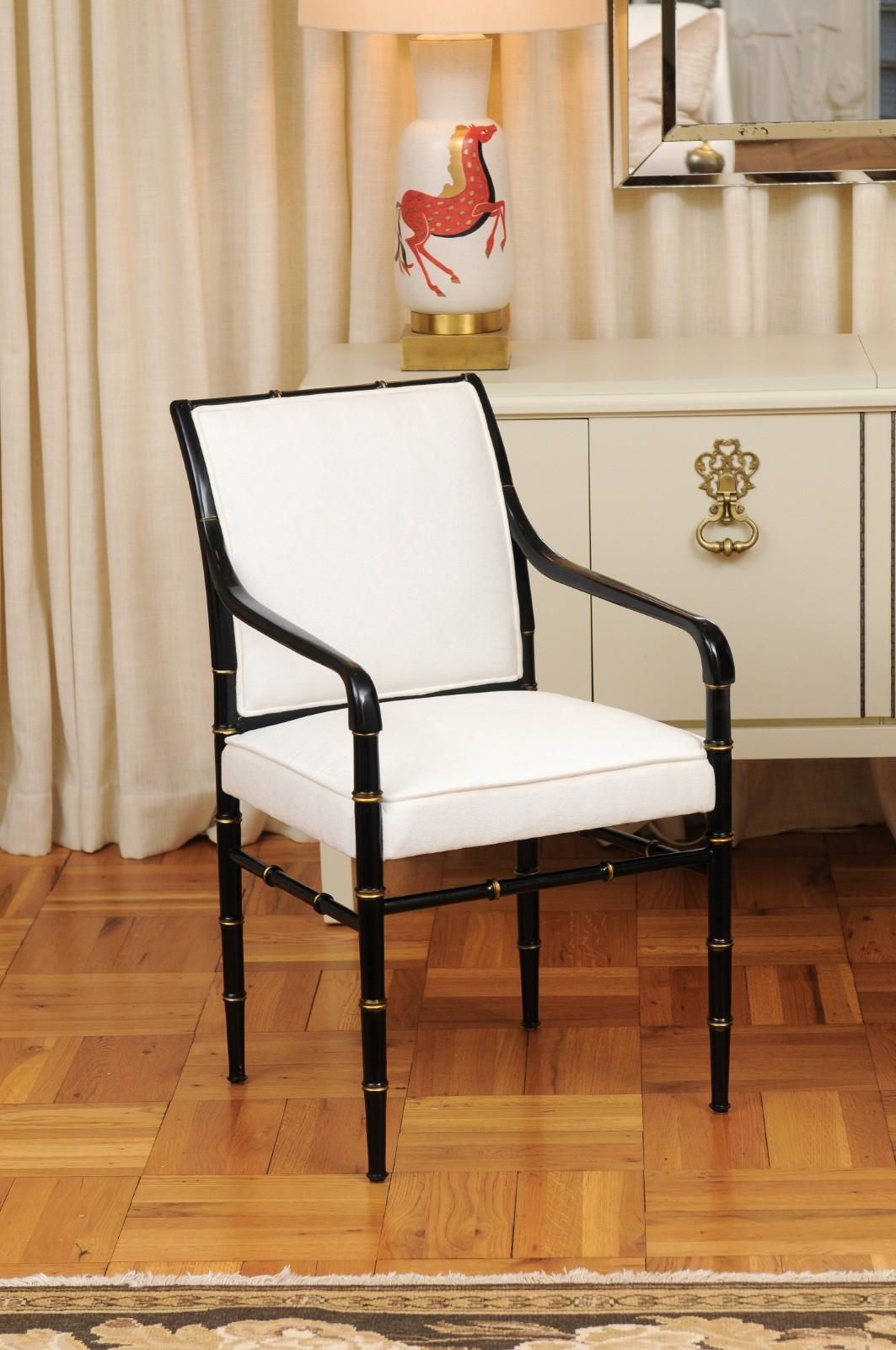 Late 20th Century Elegant Set of 12 Parzinger Style Faux Bamboo Dining Chairs in Black Lacquer For Sale