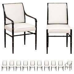 Elegant Set of 12 Parzinger Style Faux Bamboo Dining Chairs in Black Lacquer