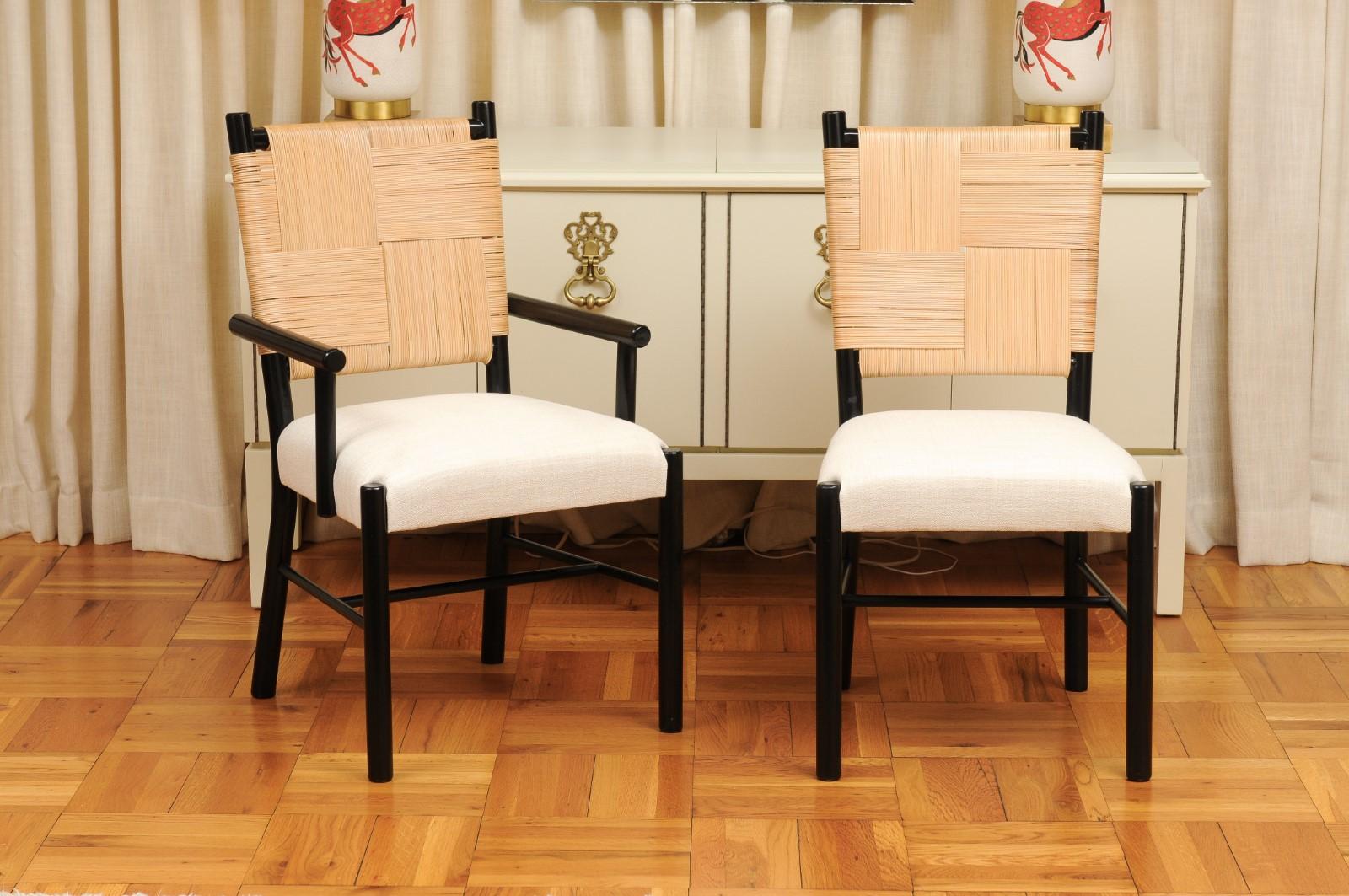 This magnificent large set of dining chairs is Unique on the World market. The set is shipped as professionally photographed and described in the listing narrative: Meticulously professionally restored, newly custom upholstered and completely