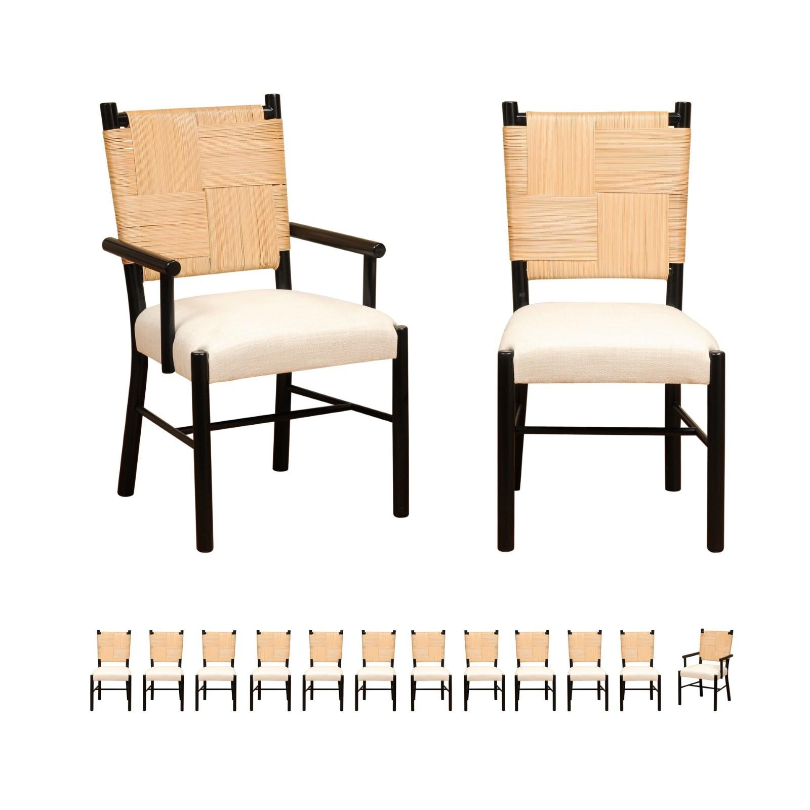 Elegant Set of 14 Rush Cane Dining Chairs in Black Lacquer by John Hutton   For Sale 14