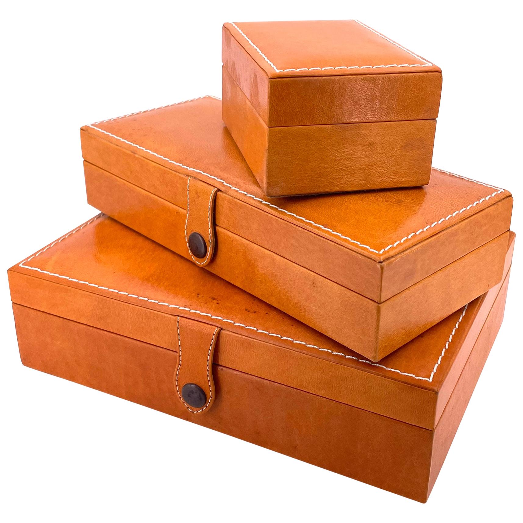 Elegant Set of 3 Leather Handstitched Jewelry Boxes