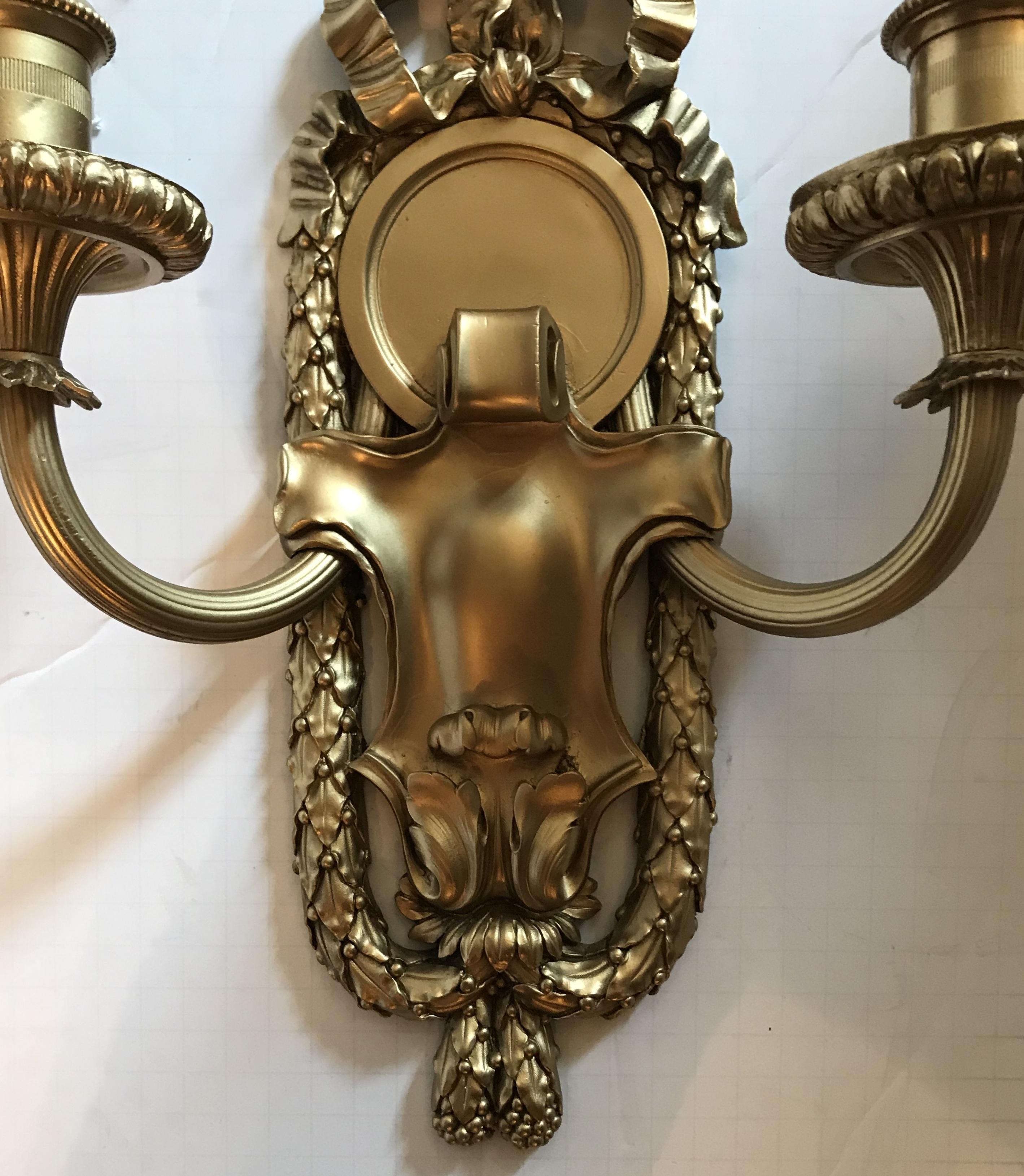 American Elegant Set of 5 E.F. Caldwell Gilt Bronze Two-Arm Neoclassical Bow-Top Sconces