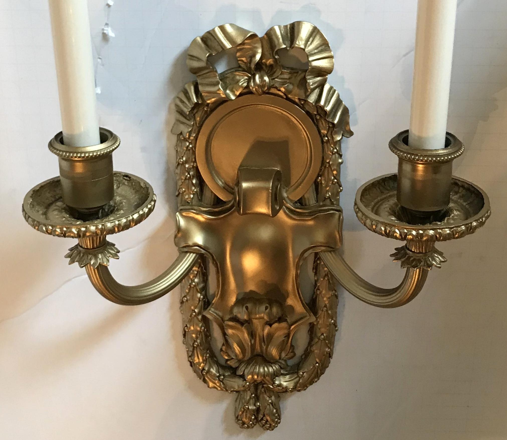 20th Century Elegant Set of 5 E.F. Caldwell Gilt Bronze Two-Arm Neoclassical Bow-Top Sconces