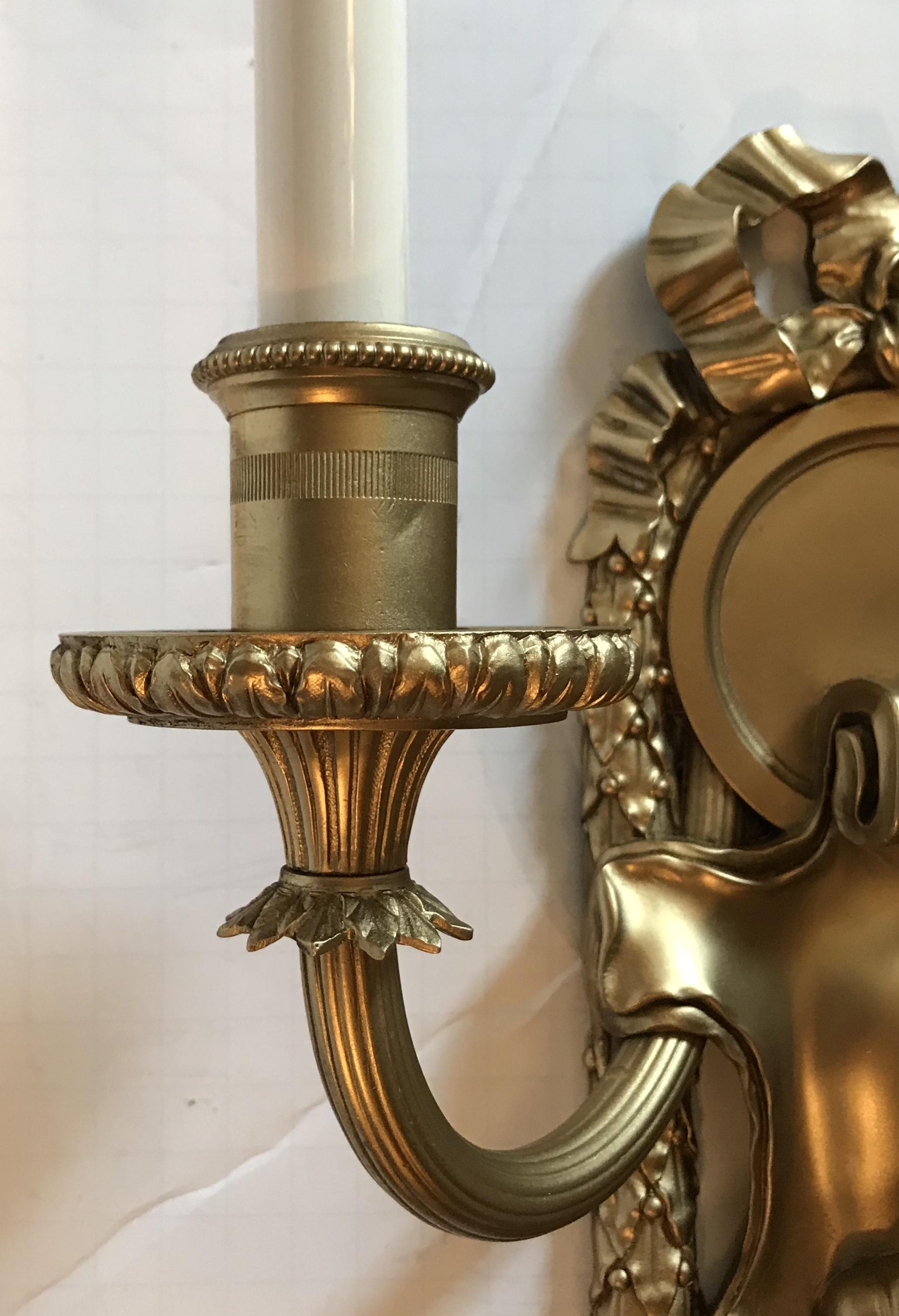 Elegant Set of 5 E.F. Caldwell Gilt Bronze Two-Arm Neoclassical Bow-Top Sconces 2