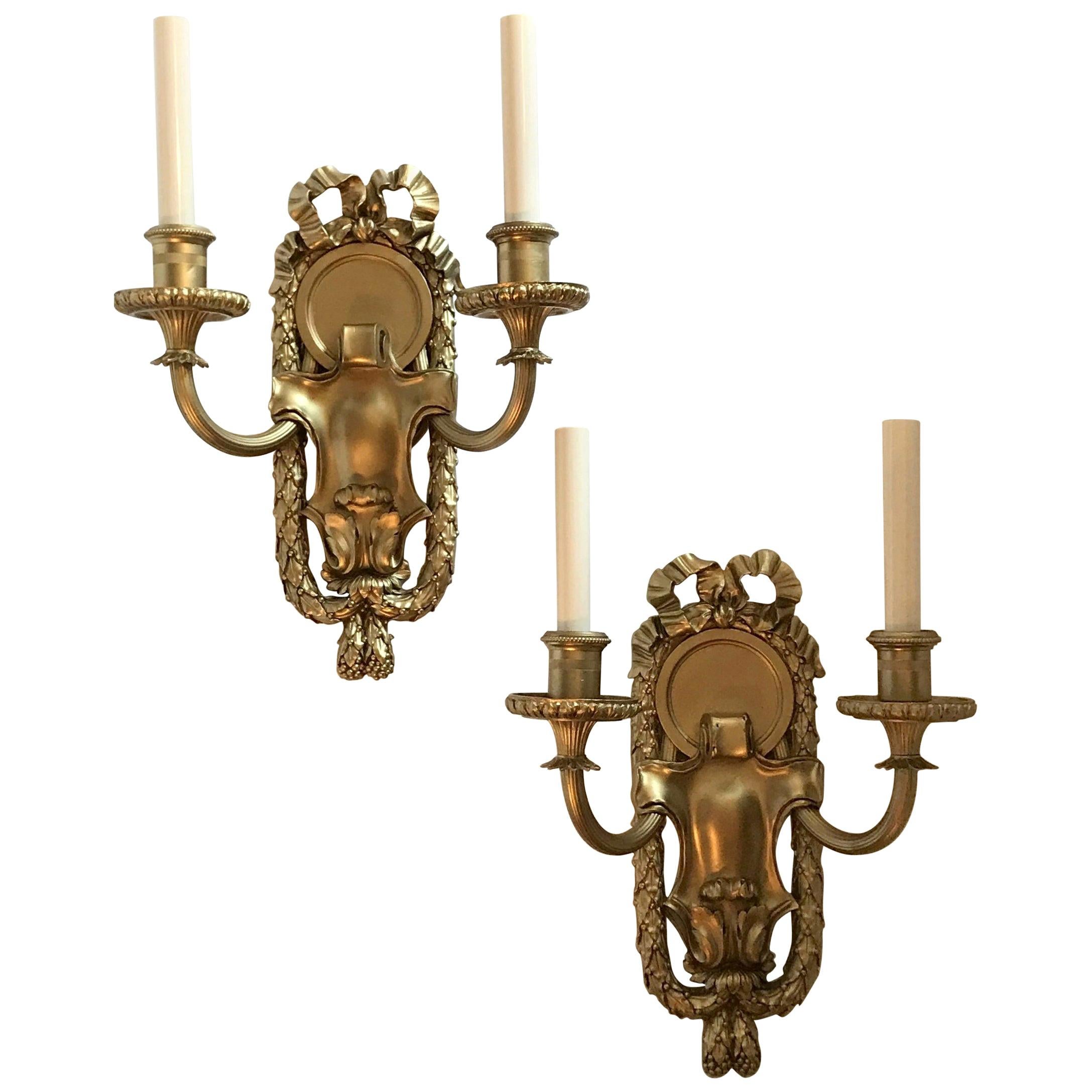 Elegant Set of 5 E.F. Caldwell Gilt Bronze Two-Arm Neoclassical Bow-Top Sconces