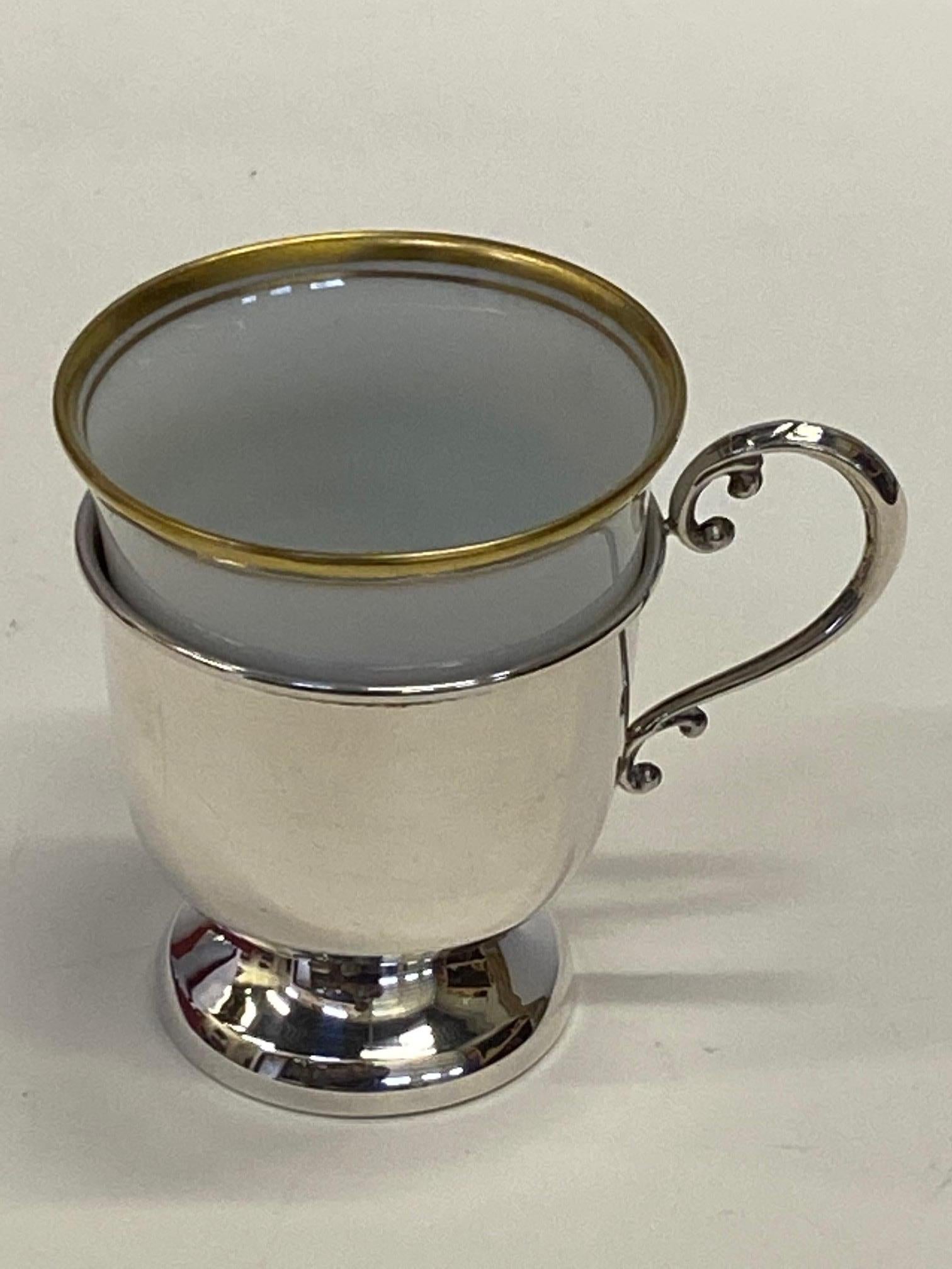 American Elegant Set of 6 Cartier Sterling and Porcelain Demitasse Cups and Saucers
