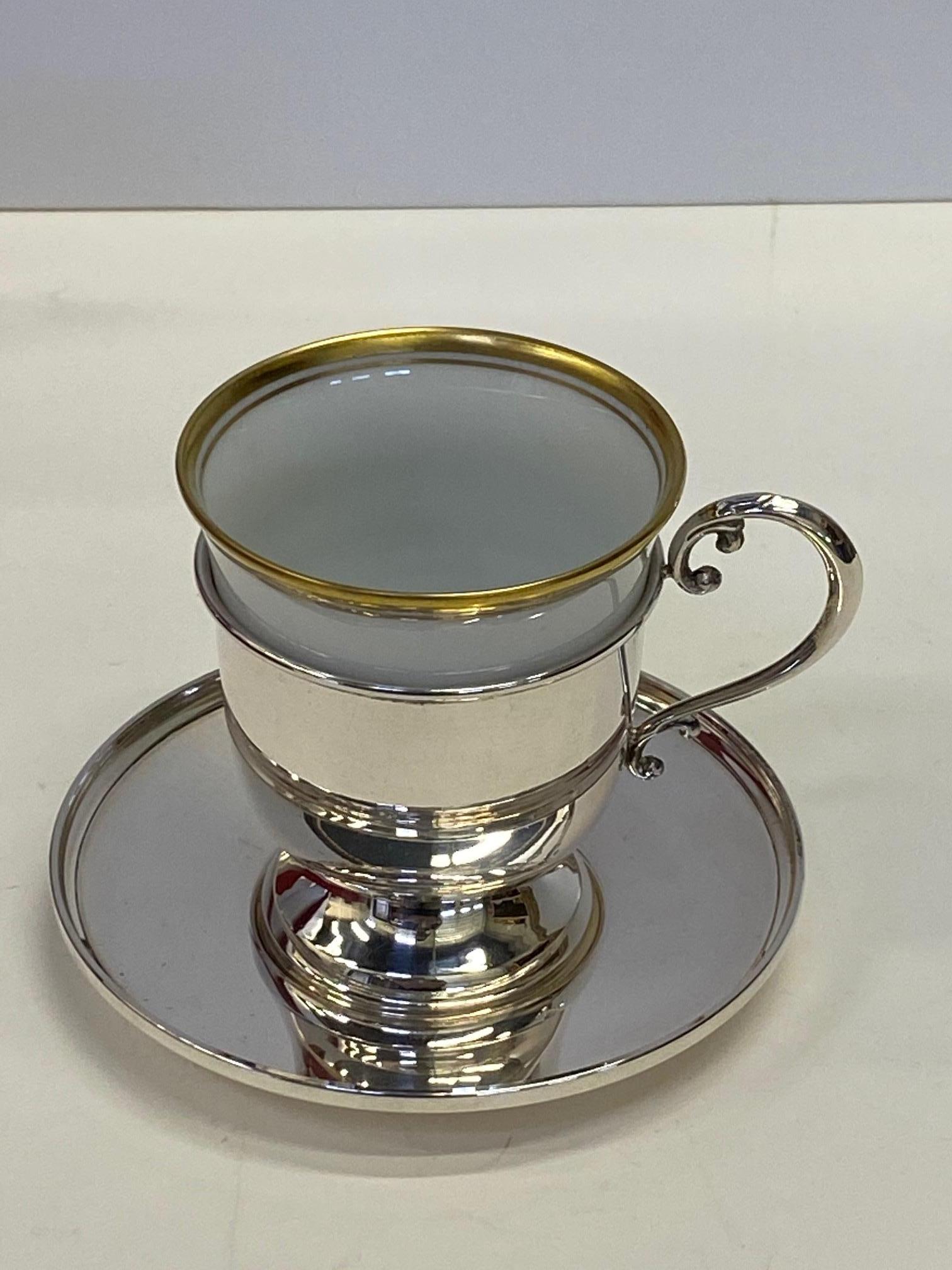 Elegant Set of 6 Cartier Sterling and Porcelain Demitasse Cups and Saucers In Good Condition In Hopewell, NJ