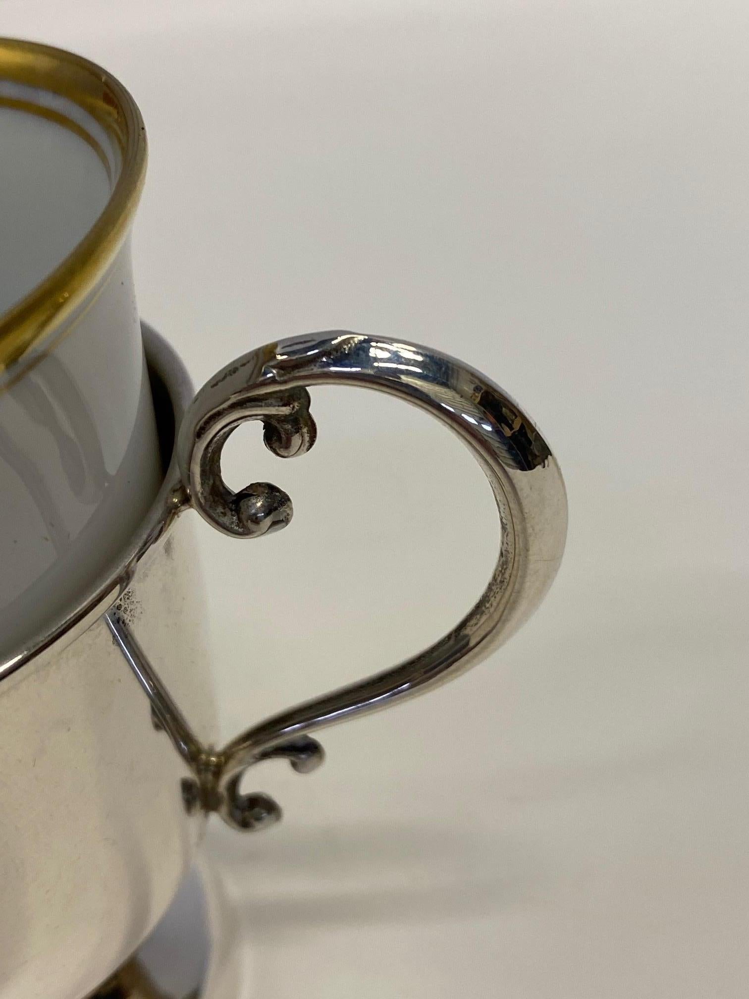 Late 20th Century Elegant Set of 6 Cartier Sterling and Porcelain Demitasse Cups and Saucers