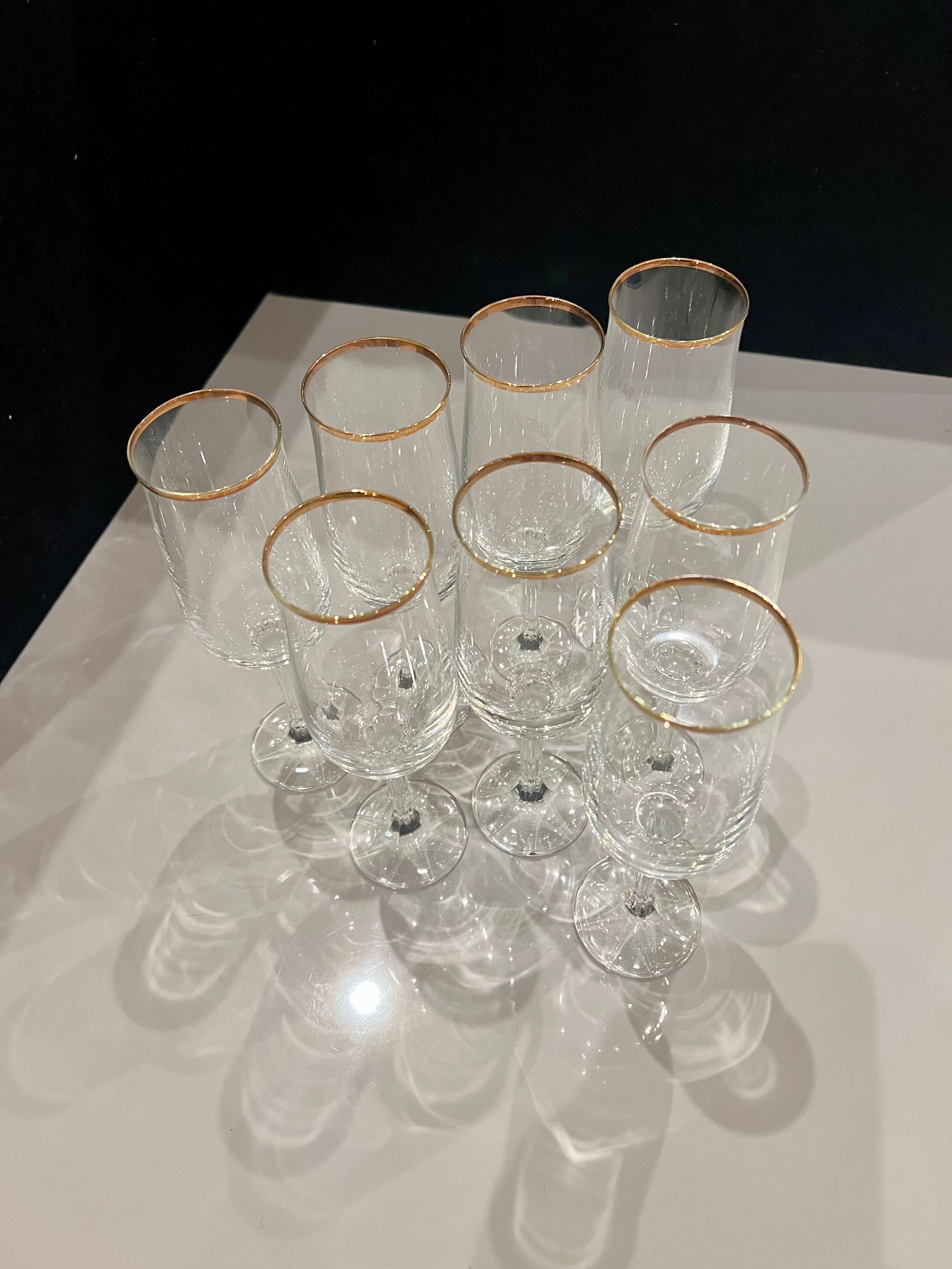 Elegant Set of 8 Fluted Champagne Geneve by Bohemia Crystal Gold Rim In Excellent Condition For Sale In San Diego, CA