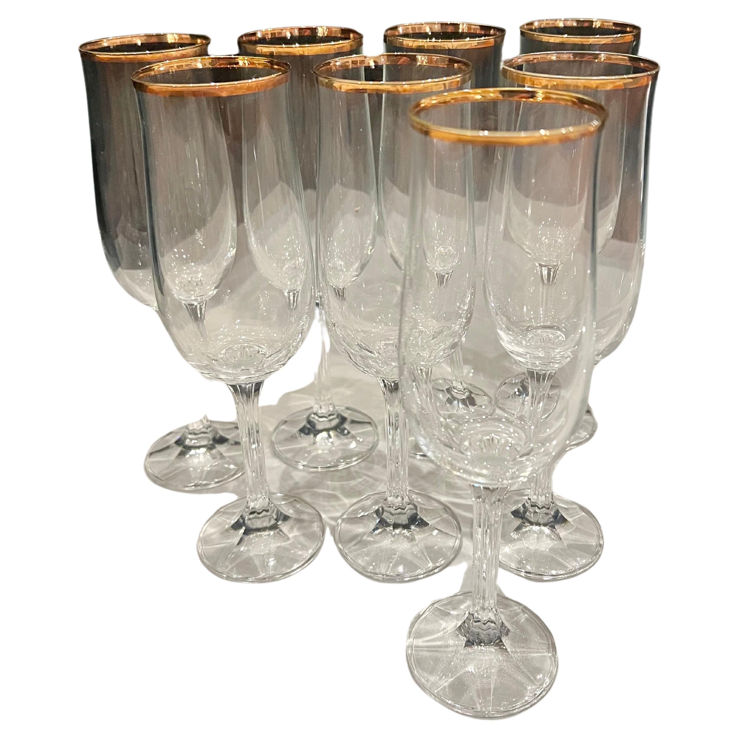 Elegant Set of 8 Fluted Champagne Geneve by Bohemia Crystal Gold Rim For Sale