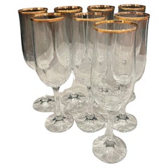 Elegant Set of 8 Fluted Champagne Geneve by Bohemia Crystal Gold Rim