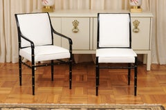 Elegant Set of 8 High Back Faux Bamboo Dining Chairs in Black Lacquer