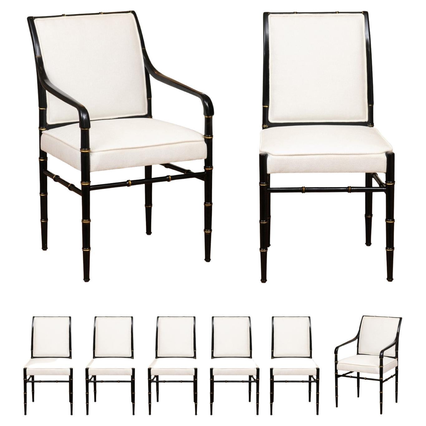 Elegant Set of 8 High Back Faux Bamboo Dining Chairs in Black Lacquer For Sale