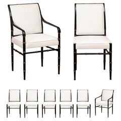 Vintage Elegant Set of 8 High Back Faux Bamboo Dining Chairs in Black Lacquer