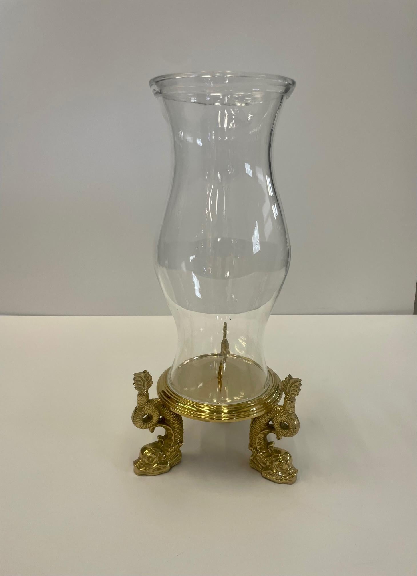 Elegant Set of Brass & Glass Hurricanes with Dolphin Feet In Good Condition In Hopewell, NJ