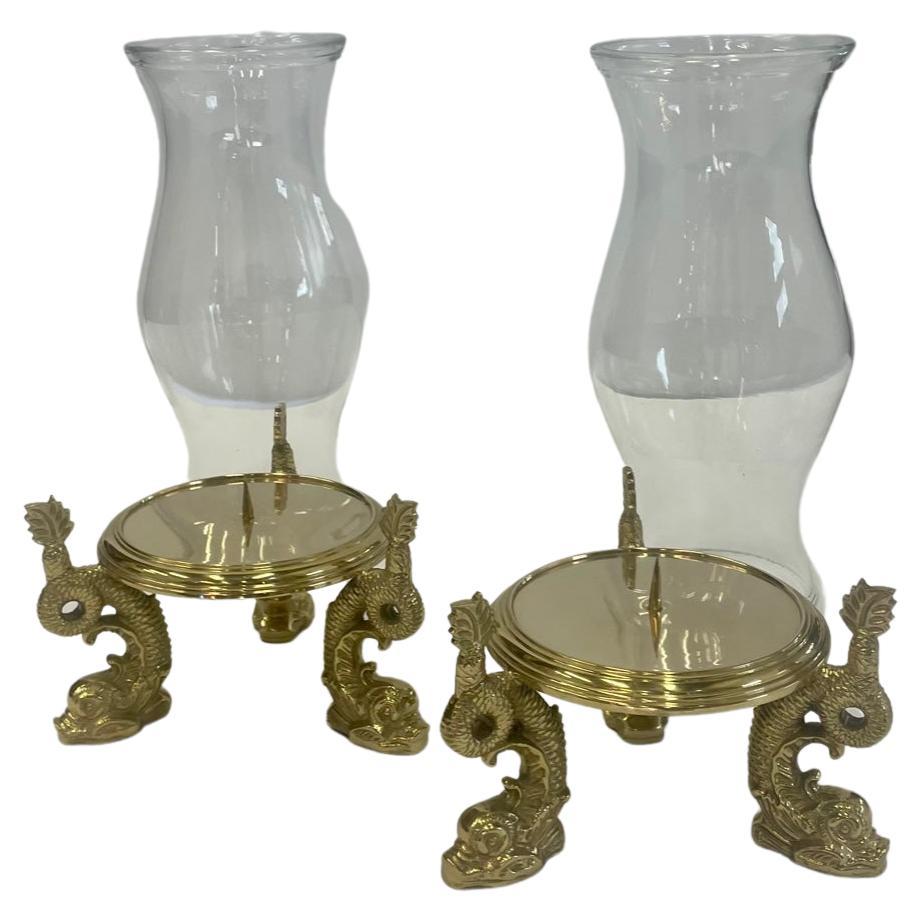 Late 20th Century Elegant Set of Brass & Glass Hurricanes with Dolphin Feet