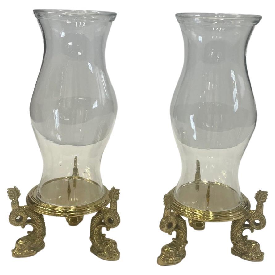 Elegant Set of Brass & Glass Hurricanes with Dolphin Feet