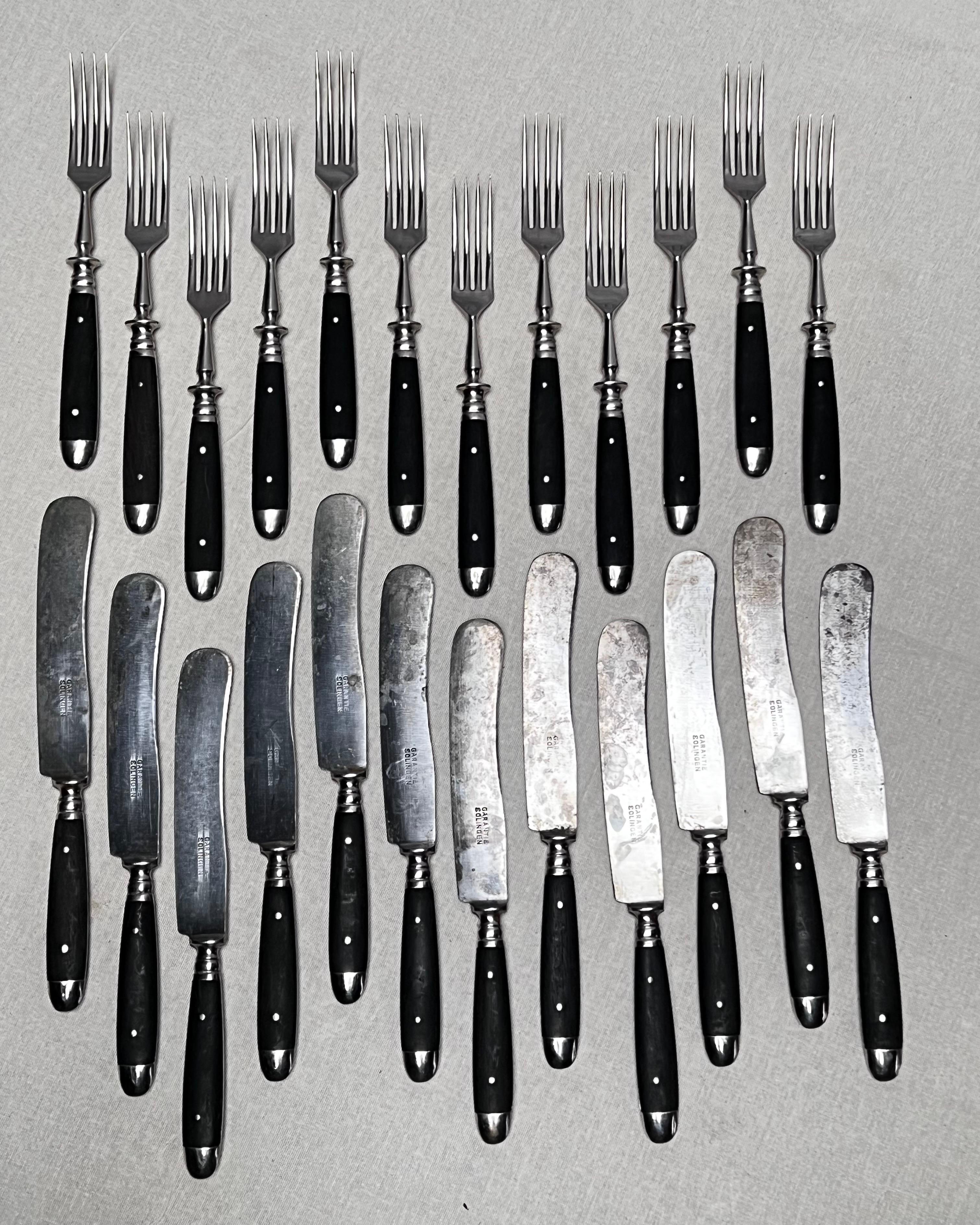 Steel Elegant set of classical 1930's cutlery for 12, Made of wood and iron. For Sale