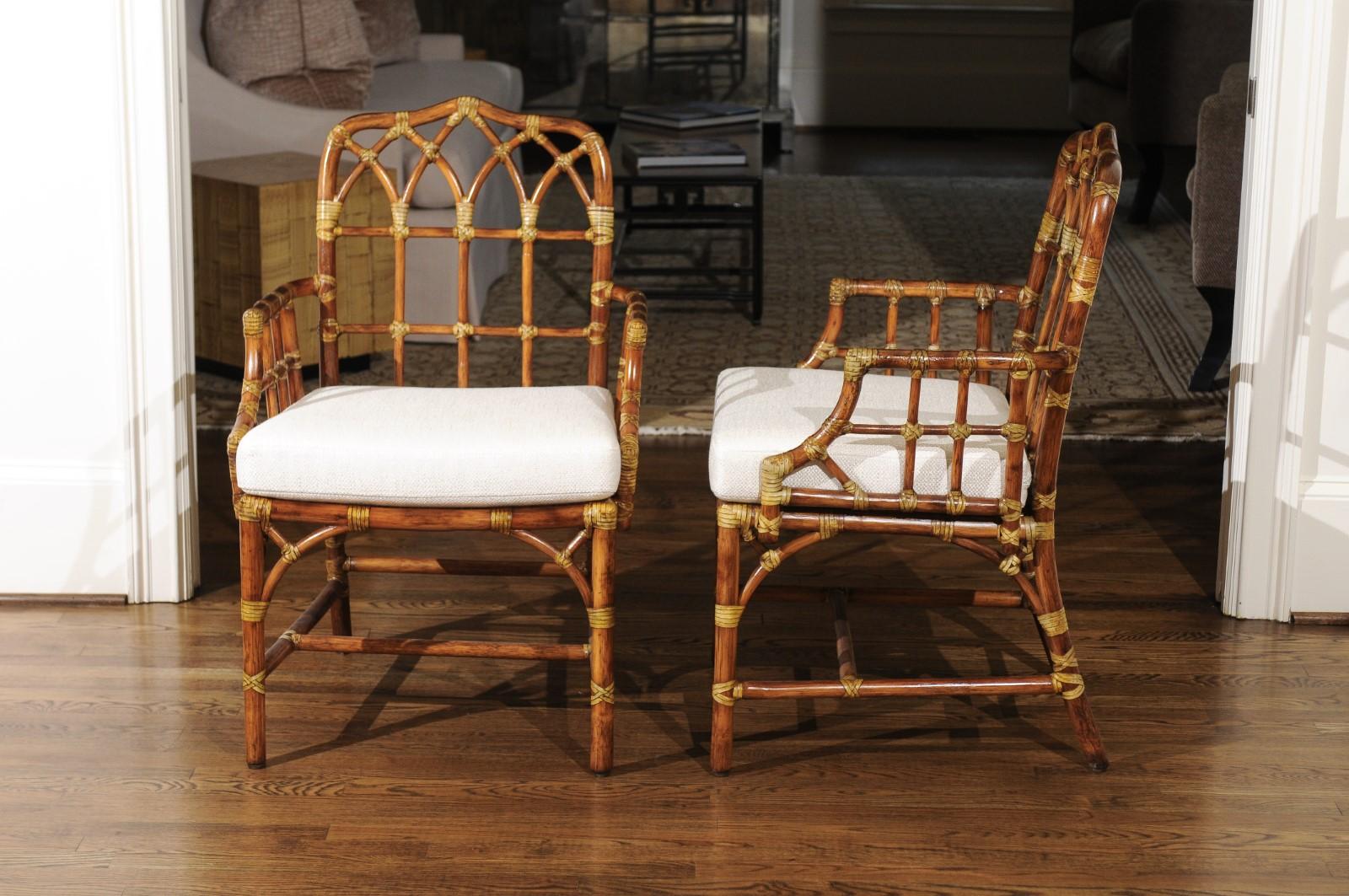 Elegant Set of Eight Cathedral Back Arm Dining Chairs by McGuire, circa 1970 2