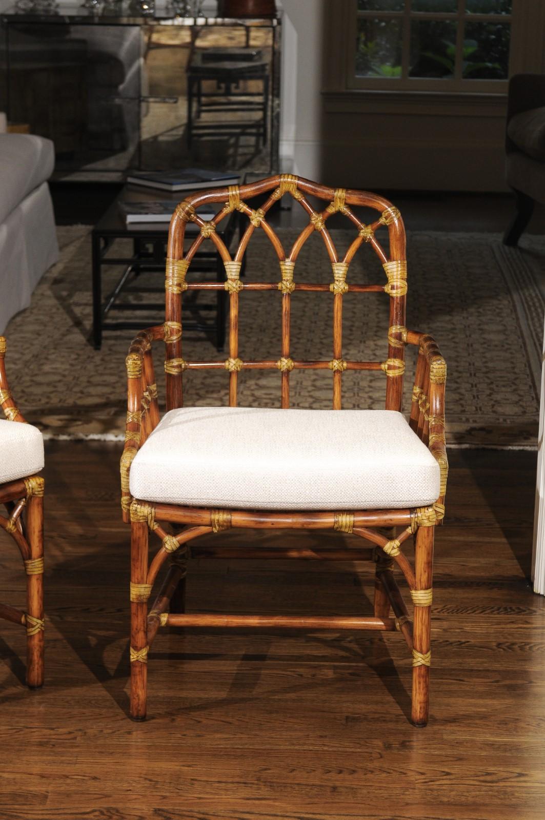 American Elegant Set of Eight Cathedral Back Arm Dining Chairs by McGuire, circa 1970