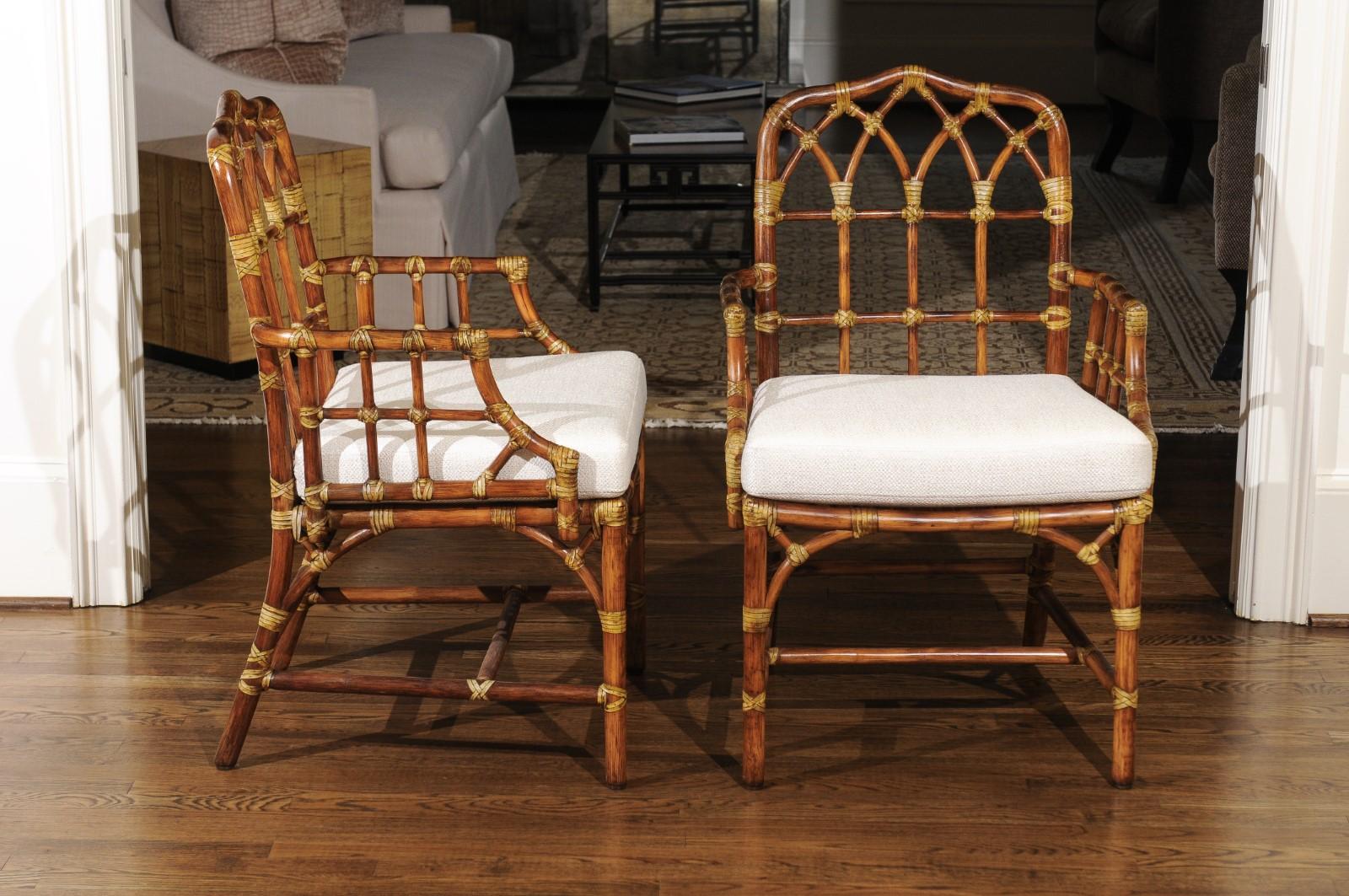 Elegant Set of Eight Cathedral Back Arm Dining Chairs by McGuire, circa 1970 In Excellent Condition In Atlanta, GA