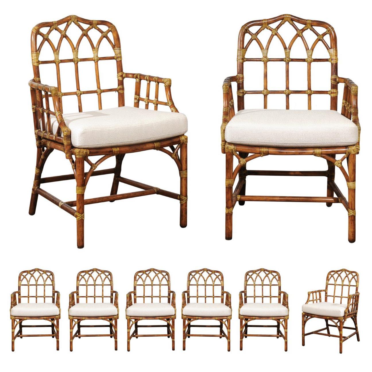 Elegant Set of Eight Cathedral Back Arm Dining Chairs by McGuire, circa 1970