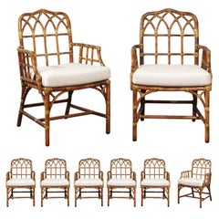 Elegant Set of Eight Cathedral Back Arm Dining Chairs by McGuire, circa 1970