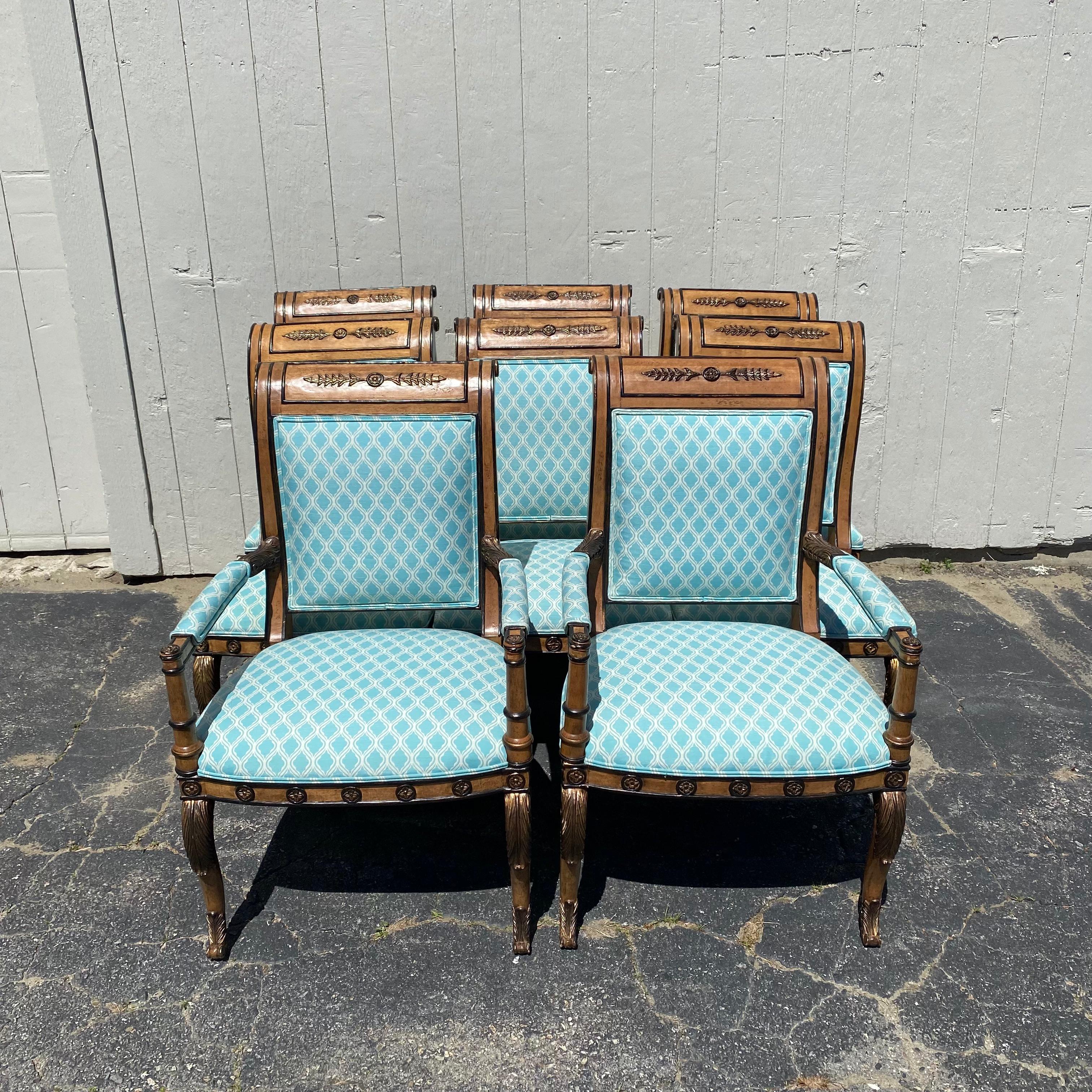 American Elegant Set of Eight Ebonized and Burlwood French Empire Style Dining Chairs 