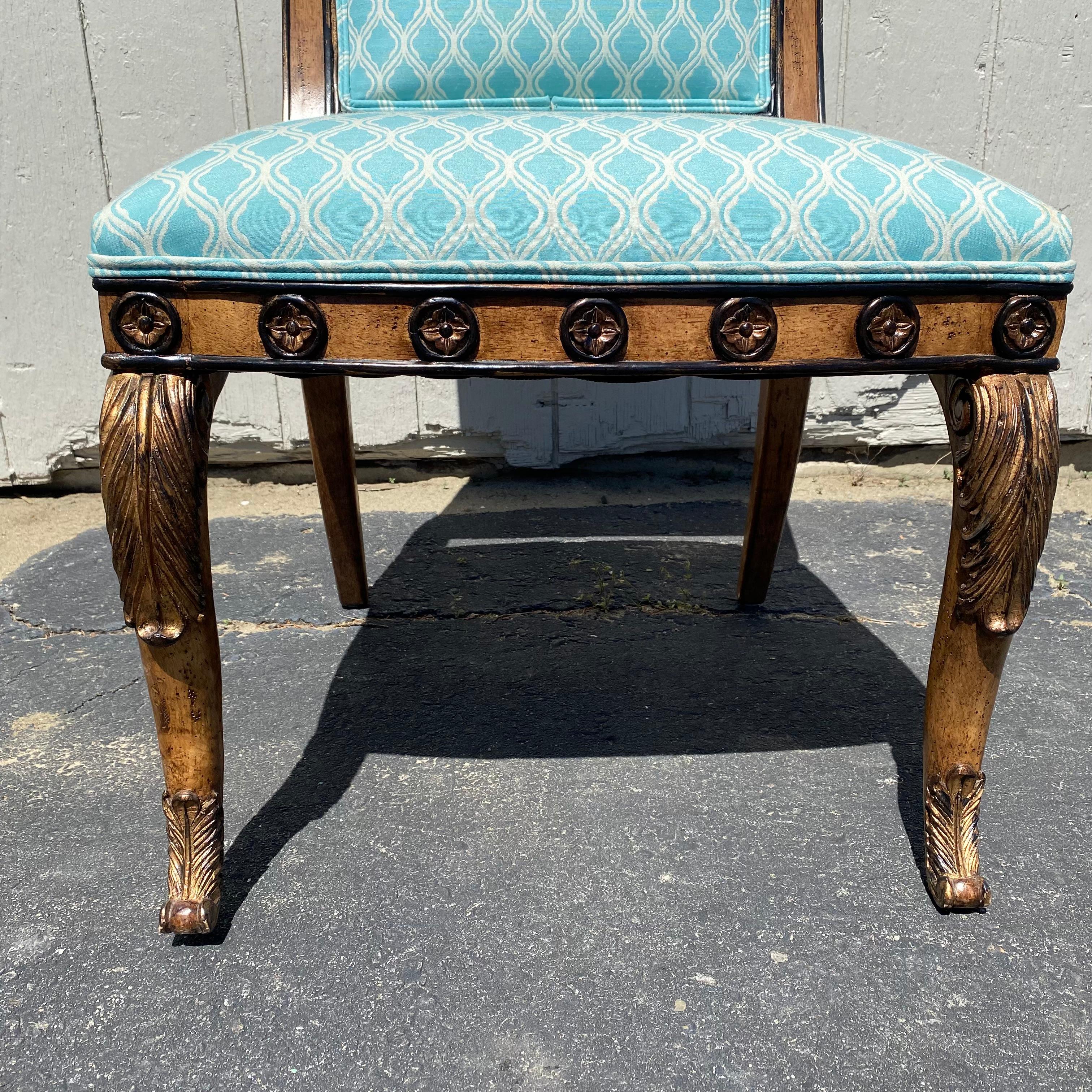 Upholstery Elegant Set of Eight Ebonized and Burlwood French Empire Style Dining Chairs 