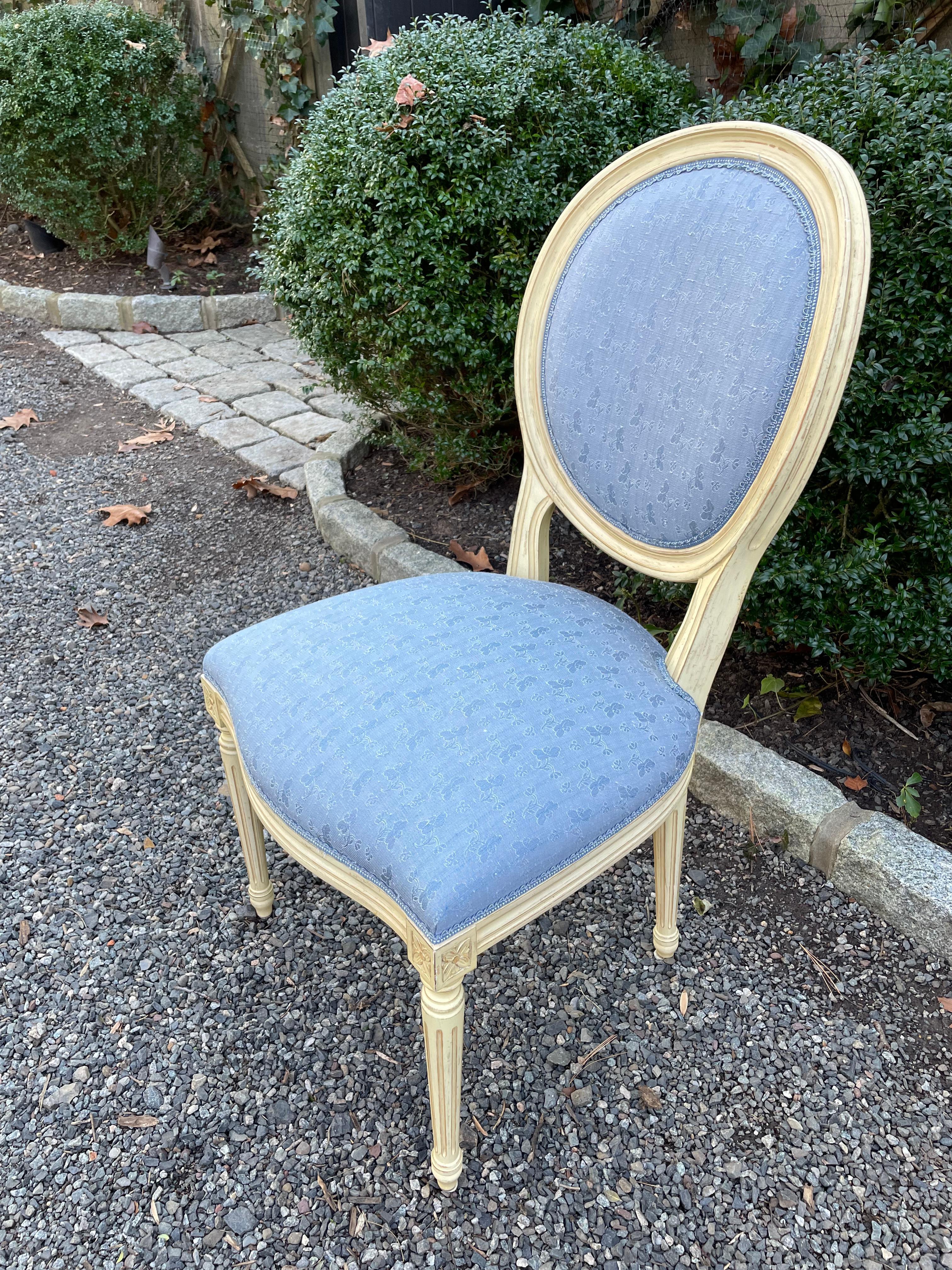 Upholstery Elegant Set of Eight Louis XVI Style Painted Dining Chairs