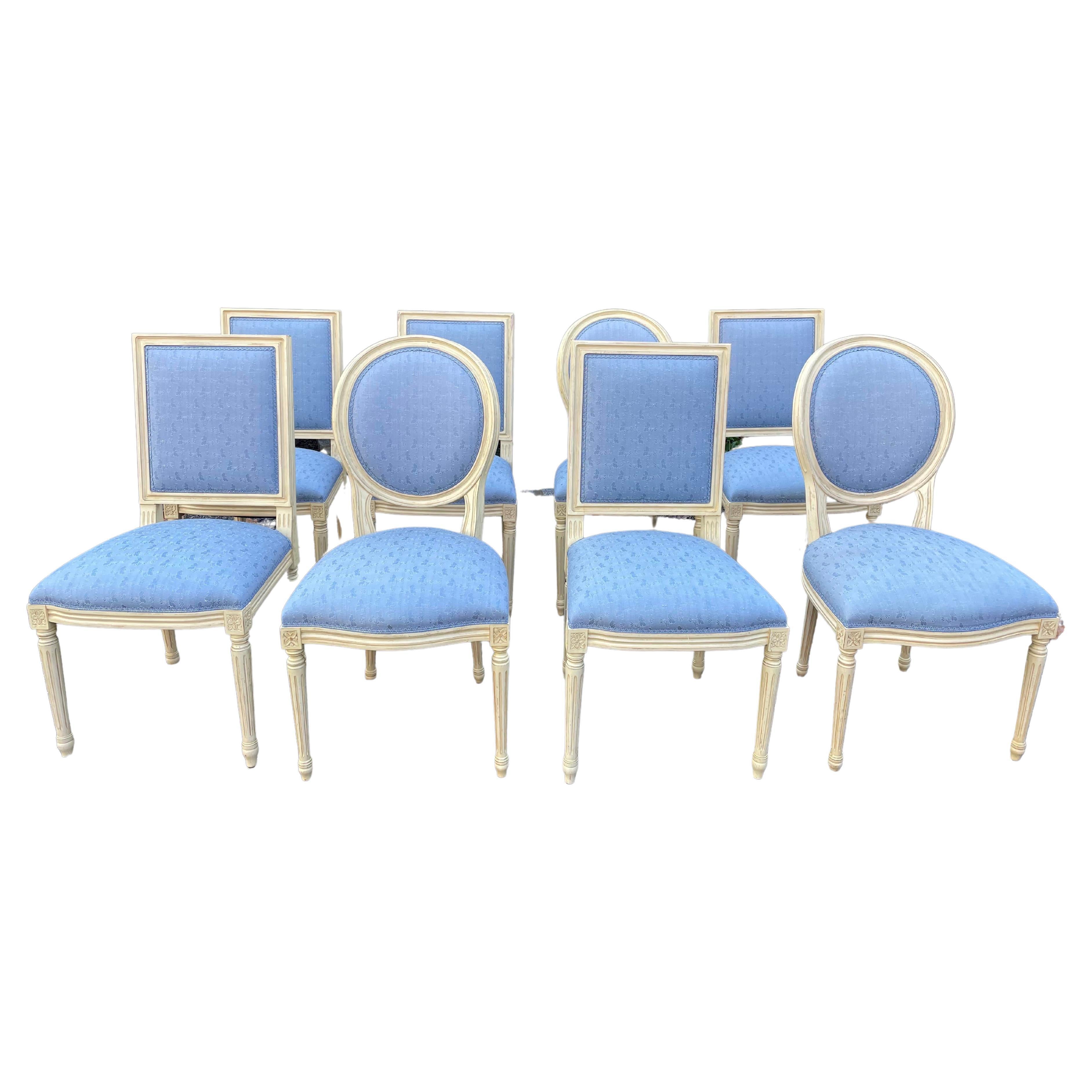 Elegant Set of Eight Louis XVI Style Painted Dining Chairs