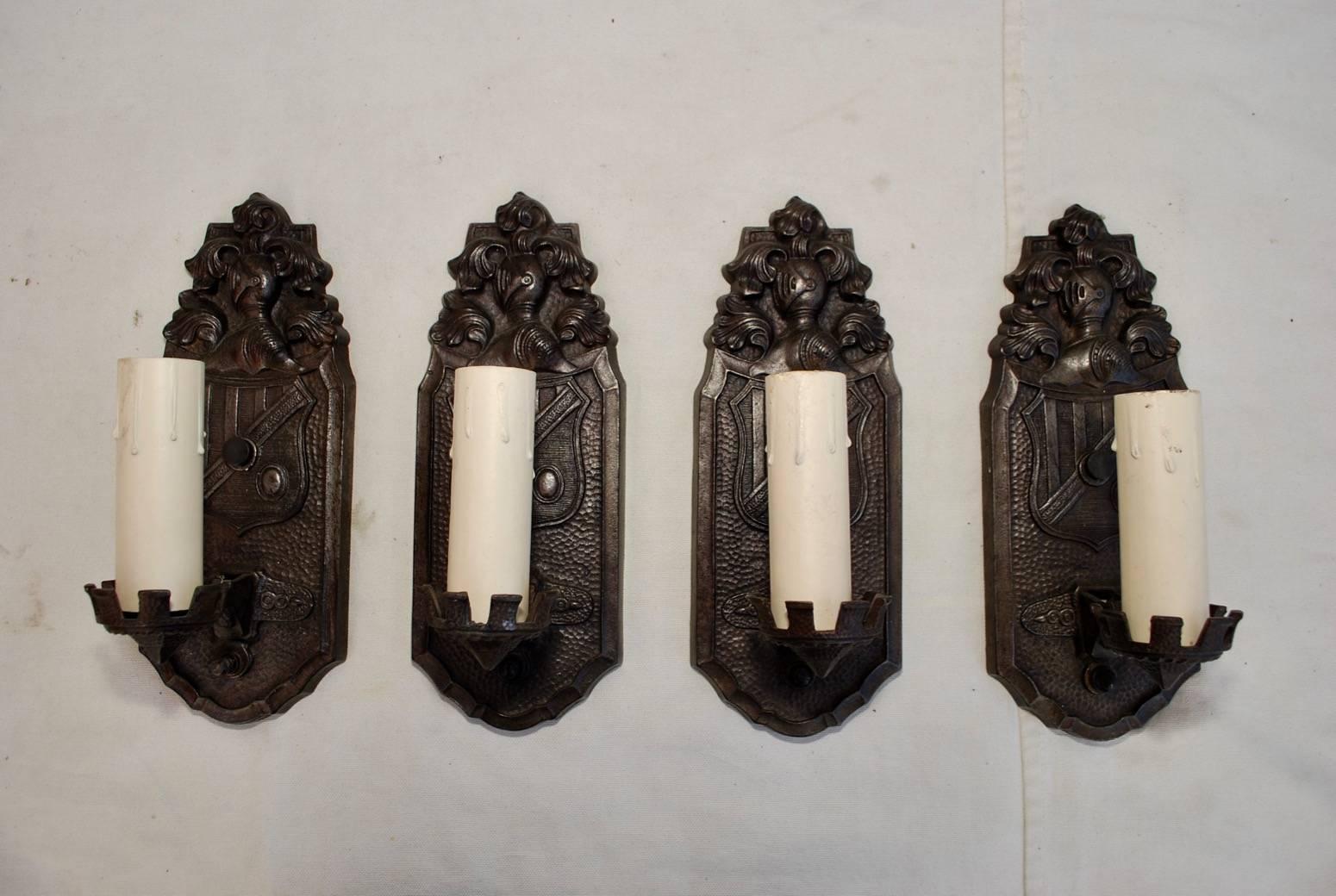 A very nice set of four 1920s cast iron sconces, they have been restored, price is for the set of four, we can sell them by the pair.

 
